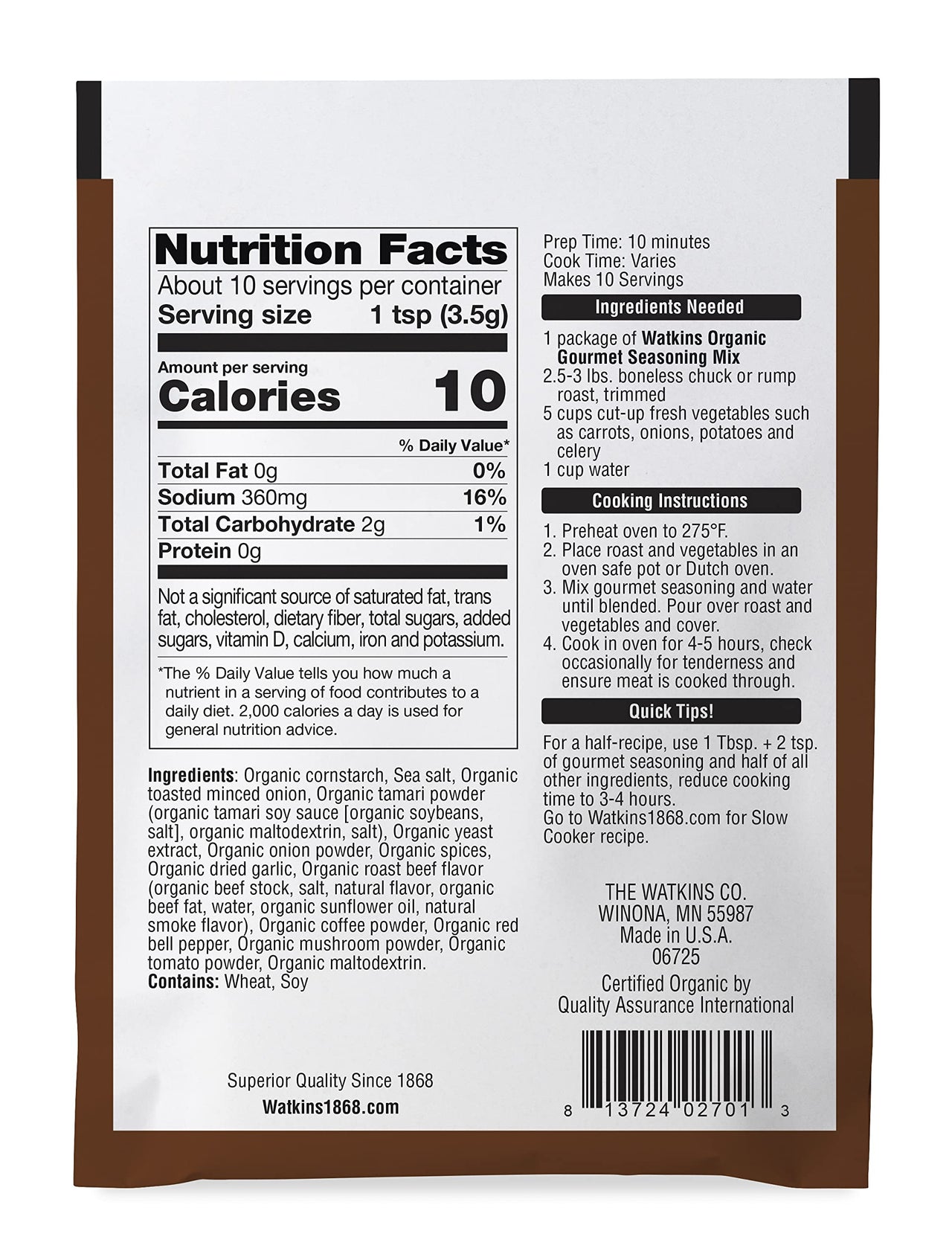 Watkins Organic Gourmet Seasoning Mix, Pot Roast, 1.3 Oz. Pouch, 1 Count