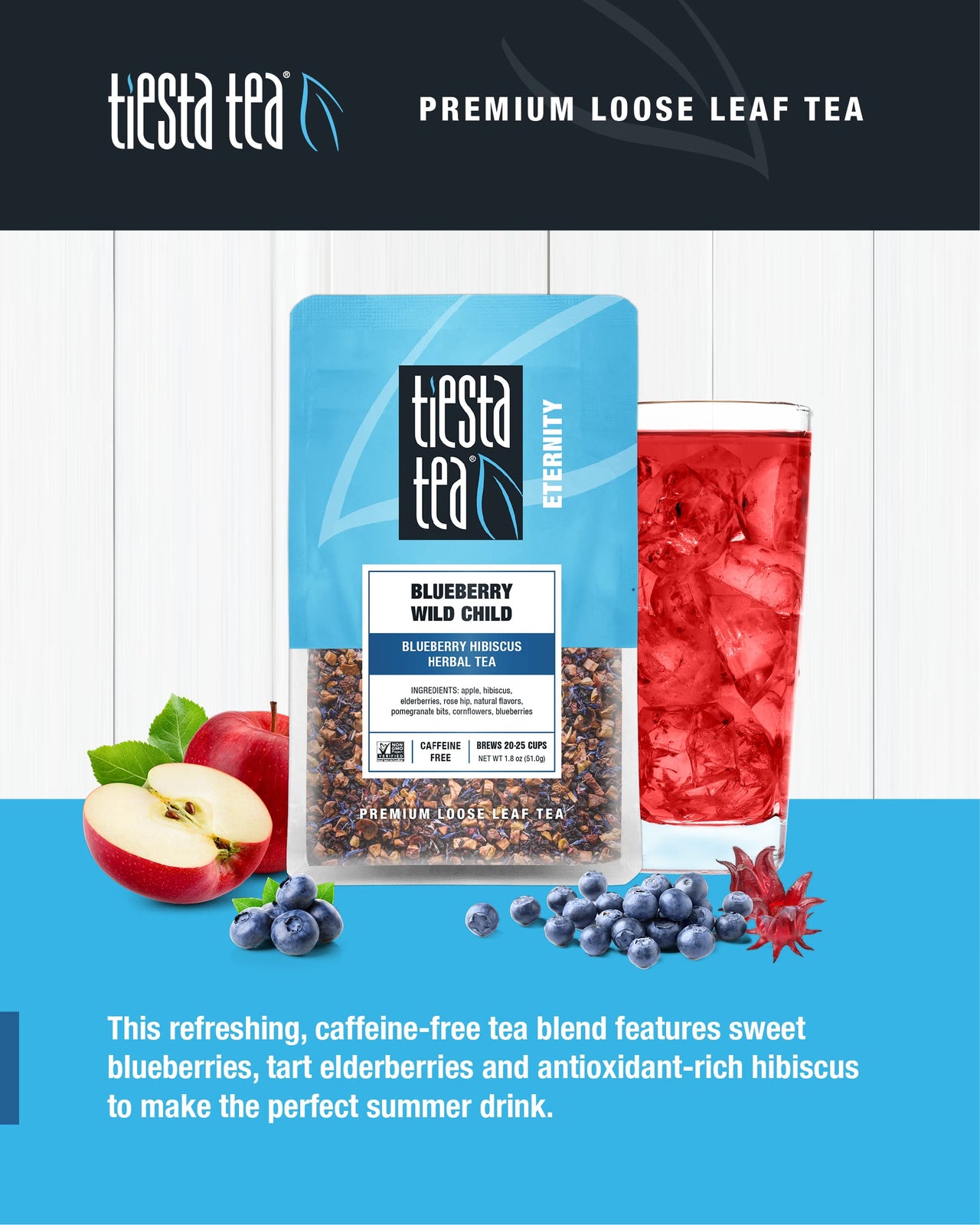 Tiesta Tea - Blueberry Wild Child, Loose Leaf Blueberry Hibiscus Herbal Tea, Non-Caffeinated, Hot & Iced Tea, 1.8 oz Pouch 20-25 Cups, Natural Flavors, Herbal Tea Loose Leaf Blend