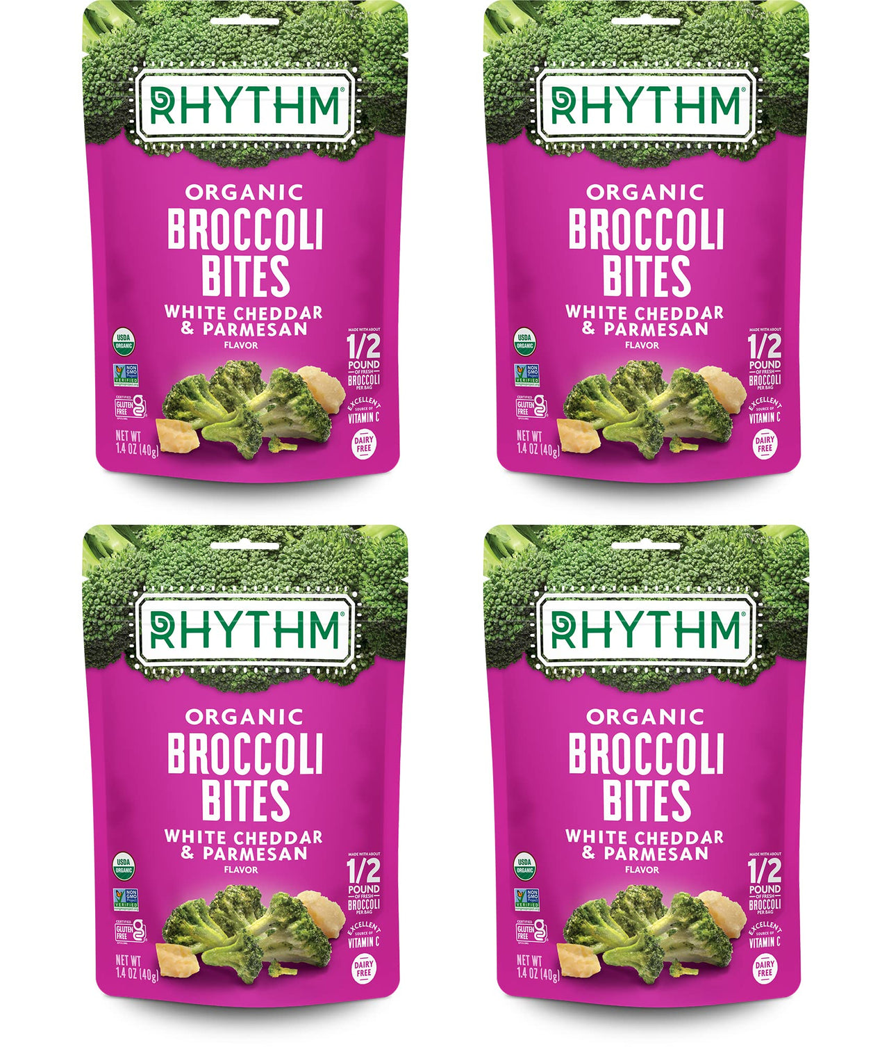 Rhythm Superfoods Crunchy Broccoli Bites, White Cheddar & Parmesan, Organic & Non-GMO, 1.4 Oz (Pack Of 4), Vegan/Gluten-Free Vegetable Superfood Snacks