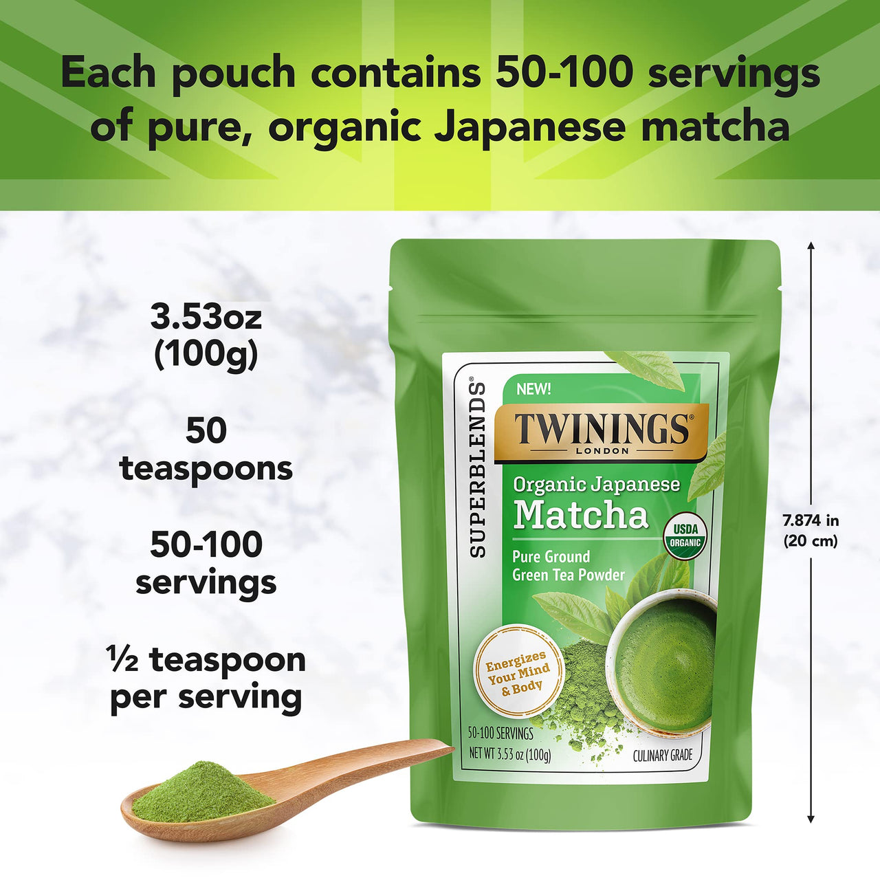 Twinings Organic Japanese Matcha, Pure Ground Green Tea Powder Culinary Grade, 3.53 Ounce/100g Bag