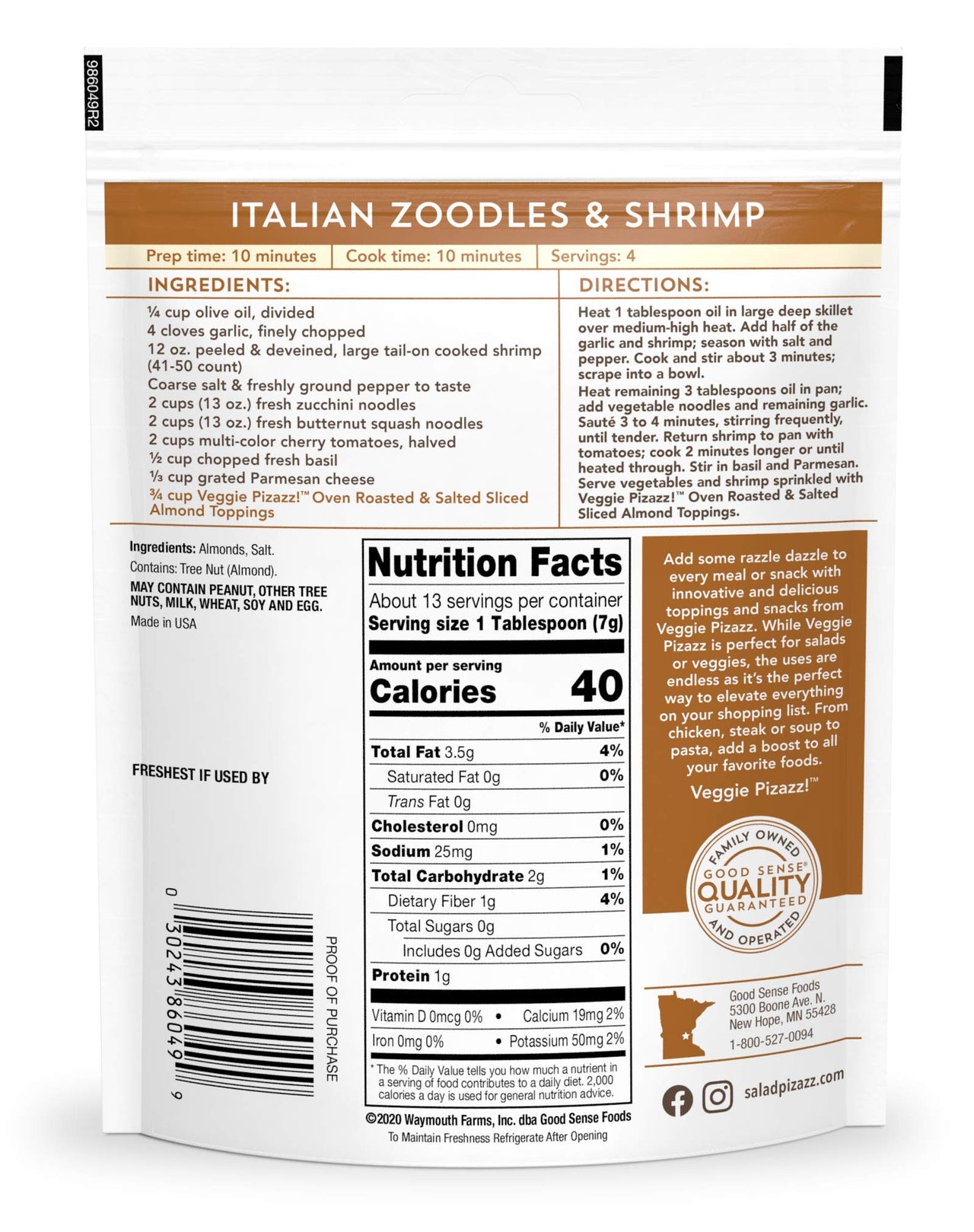 Salad Pizazz Almond Toppings, Oven Roasted Sea Salt, Snack Mix and Salad Topping, Non-GMO, All-Natural, Resealable Bag, 3.25 Oz