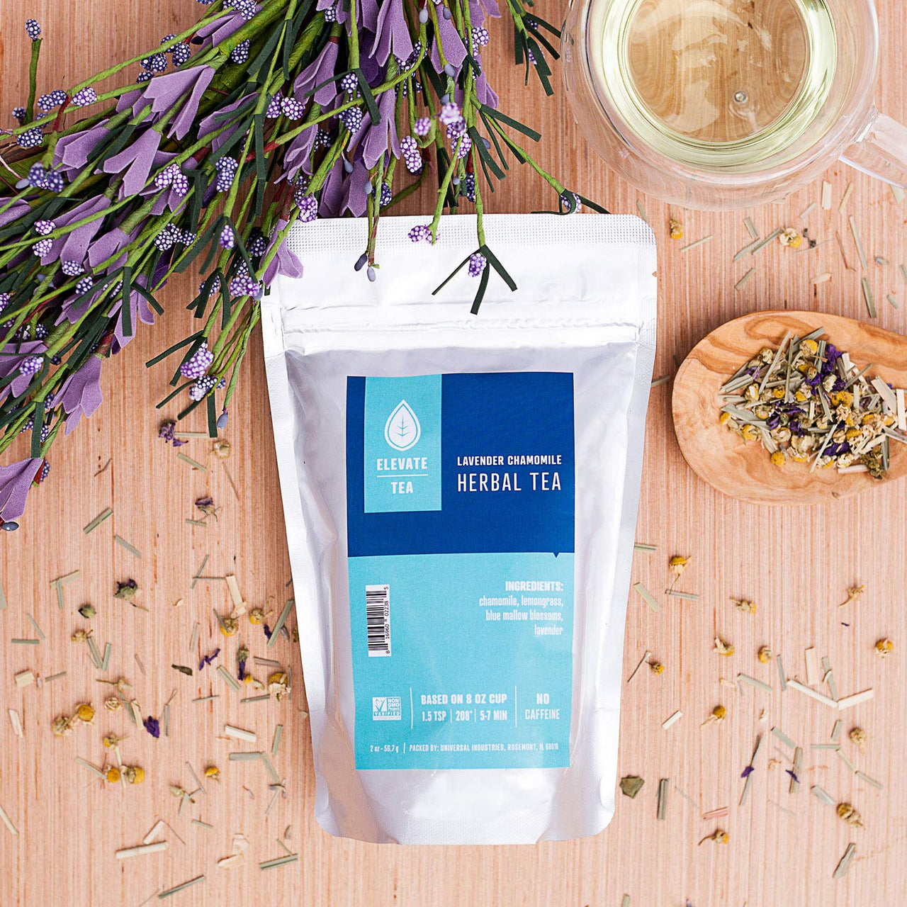 Elevate Tea Lavender Chamomile Tea - Loose Leaf Herbal Tea, Caffeine Free, 2 oz Pouch - 25 Cups, Hot & Iced Tea, No Artificals, Chamomile Lavender Tea