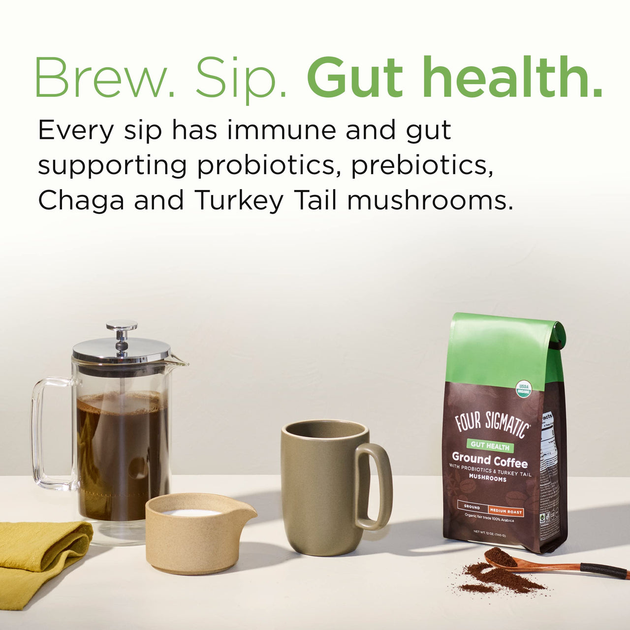 Organic Ground Coffee by Four Sigmatic | Medium Roast | Fair Trade Gourmet Coffee with Chaga and Turkey Tail | Immune Boosting, Probiotic Mushroom Coffee for Gut Health and Immune Support | 12oz Bag