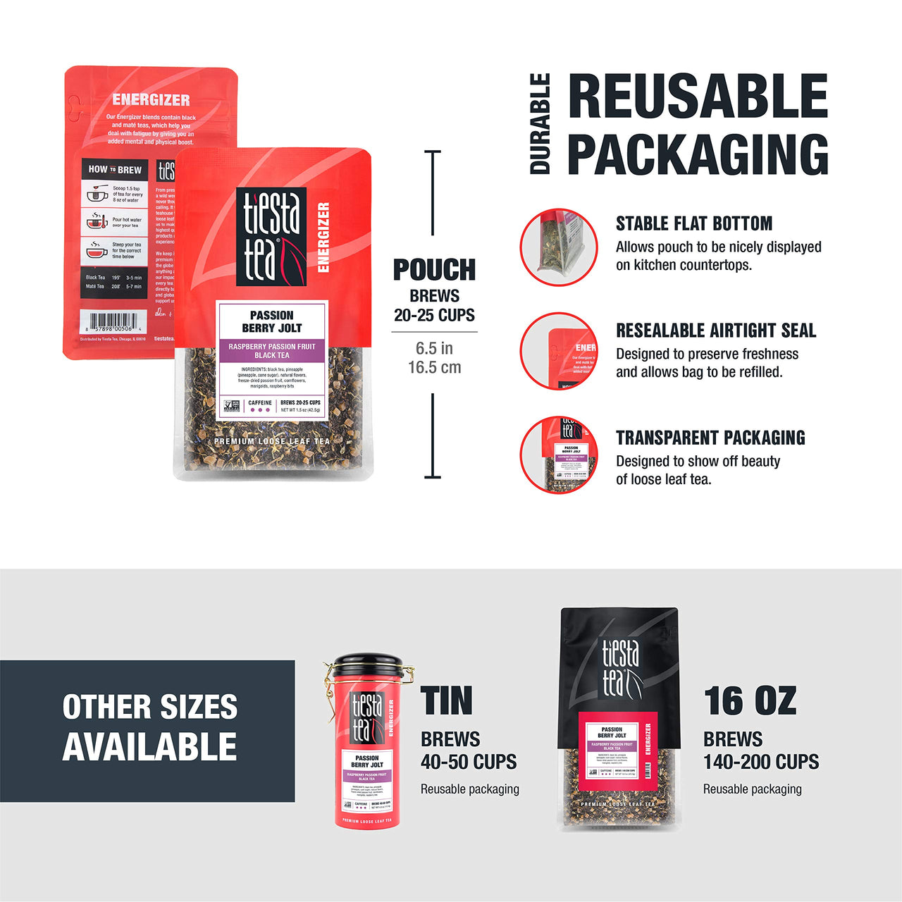 Tiesta Tea - Passion Berry Jolt, Loose Leaf Raspberry Passion Fruit Black Tea, High Caffeine, Hot & Iced Tea, 1.5 oz Pouch - 25 Cups, Natural, Flavored, Black Tea Loose Leaf