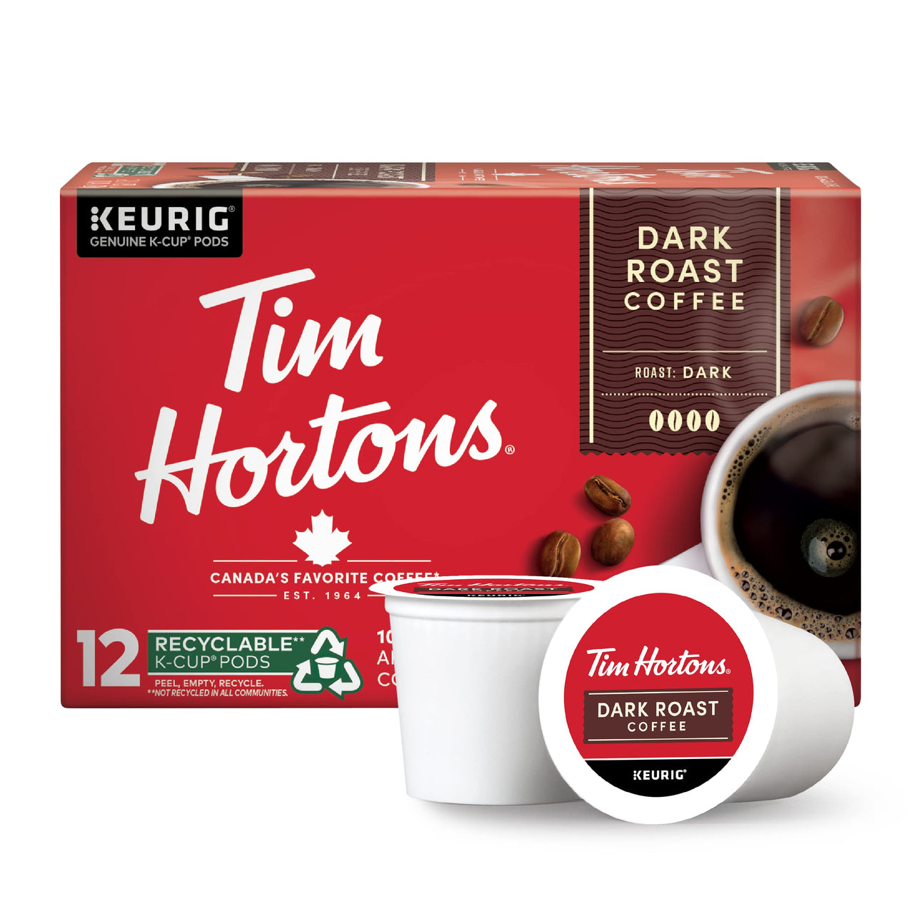 Tim Hortons Dark Roast Coffee, Single-Serve K-Cup Pods Compatible with Keurig Brewers, 12ct K-Cups