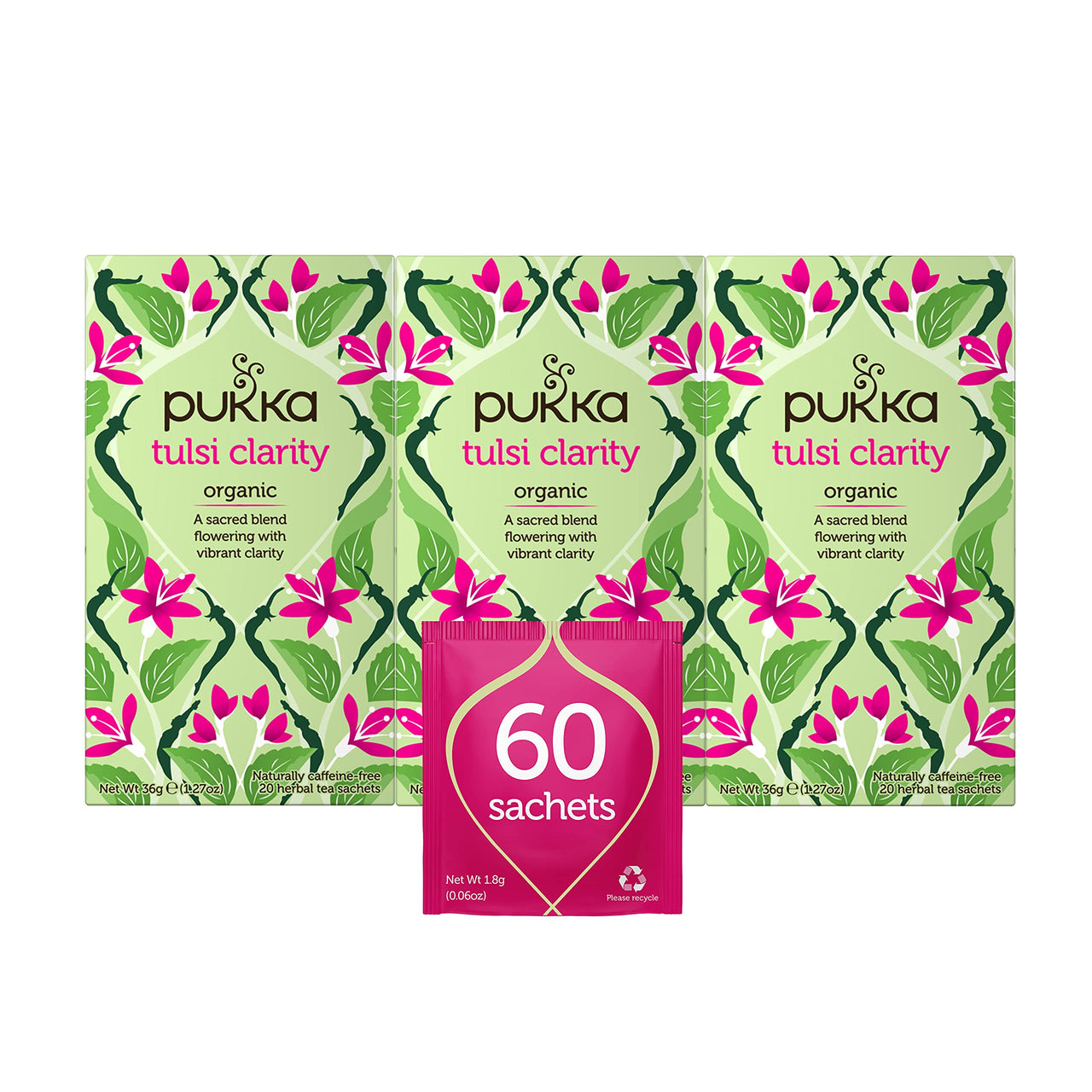 Pukka Organic Tea Bags, Tulsi Clarity, Herbal Holy Basil Tea (3 Pack, 60 Tea Bags)