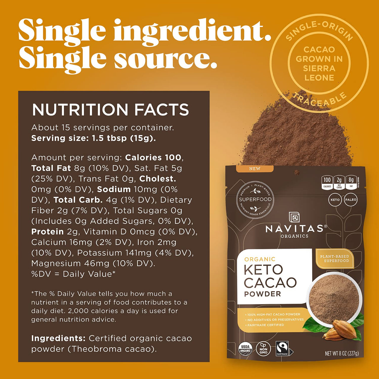 Navitas Organics Keto Cacao Powder, 8 oz. Bag, 15 Servings  Organic, Non-GMO, Fair Trade, High Fat Cacao