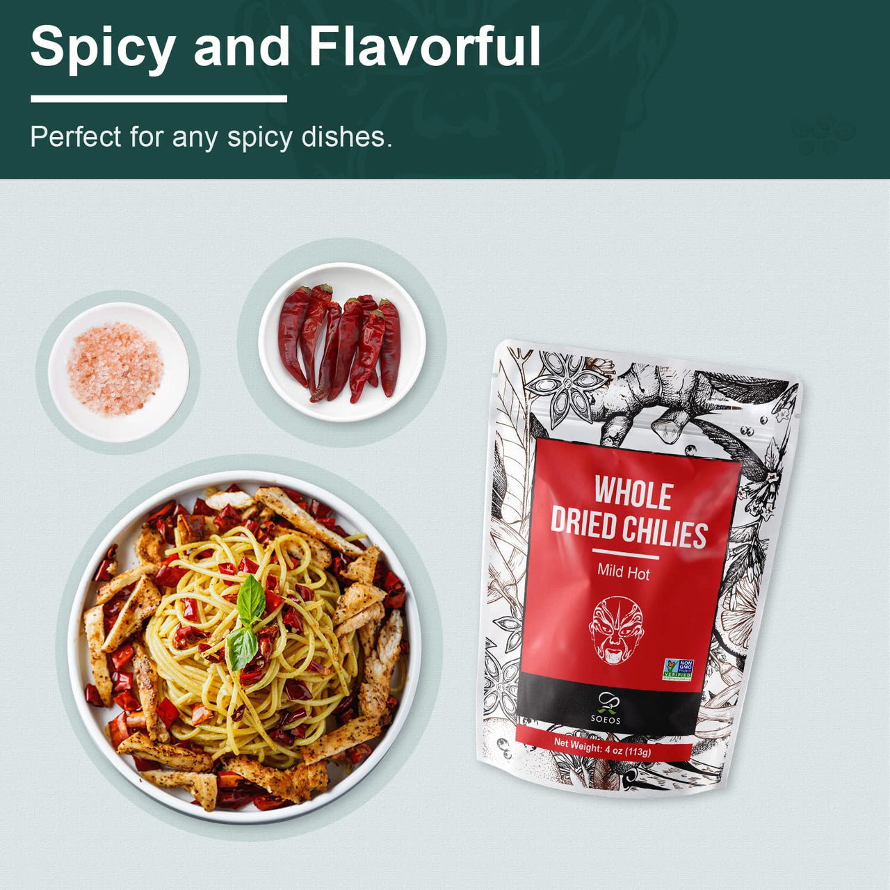 Soeos Whole Dried Chilies 4 oz, Mild Spicy Chili Peppers, Red Chili Pepper, Natural, Premium and Dry Sichuan Chile Peppers, Sichuan Pepper, Dried Peppers  Great for Mexican Recipes