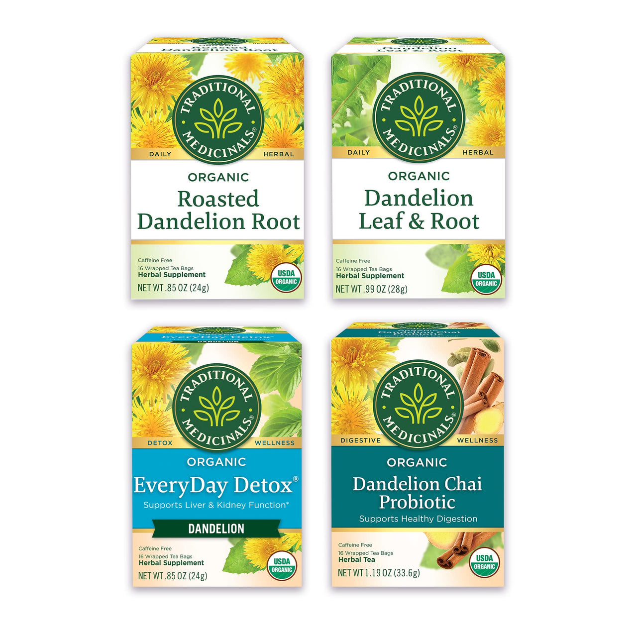 Traditional Medicinals Organic Dandelion & Detox Tea Variety Pack  Includes EveryDay Detox Dandelion, Dandelion Chai Probiotic, Roasted Dandelion Root, Dandelion Leaf & Root Teas  Supports Liver, Kidney, and Digestive Health - (4-Pack) - 64 Tea Bags Total