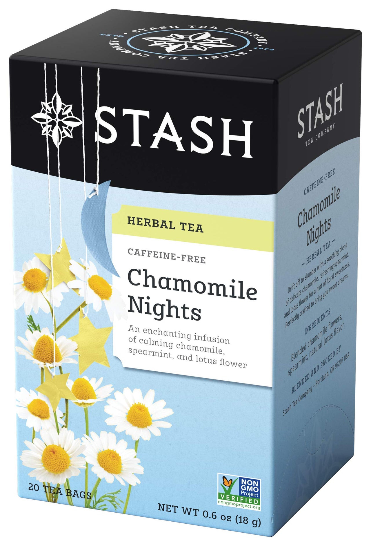 Stash Tea Chamomile Nights Herbal Tea - Naturally Caffeine Free, Non-GMO Project Verified Premium Tea with No Artificial Ingredients, 20 Count (Pack of 6) - 120 Bags Total
