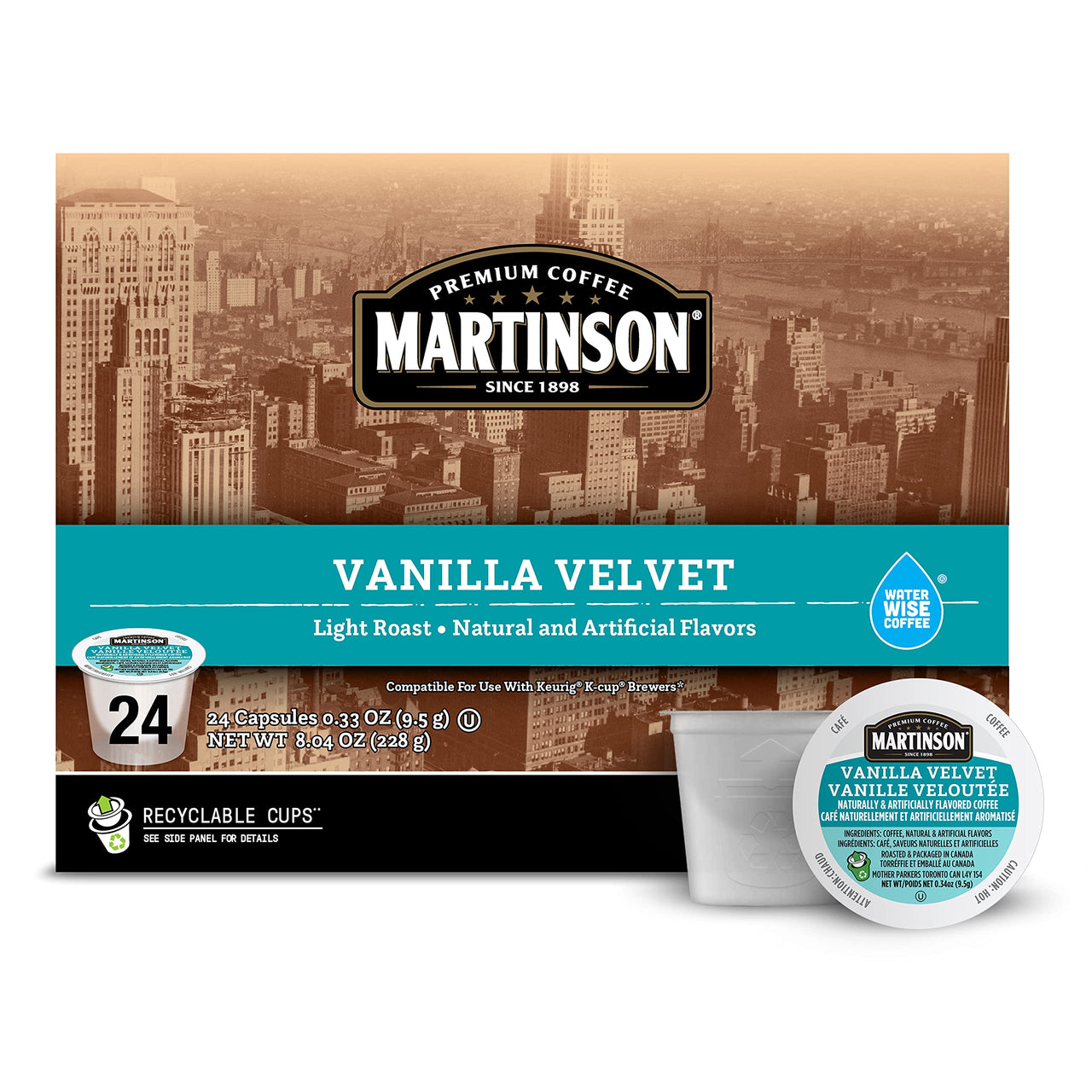 Martinson Vanilla Velvet Flavored Coffee, Light Roast, Keurig K-Cup Brewer Compatible Pods, 24 Count (Pack of 1)