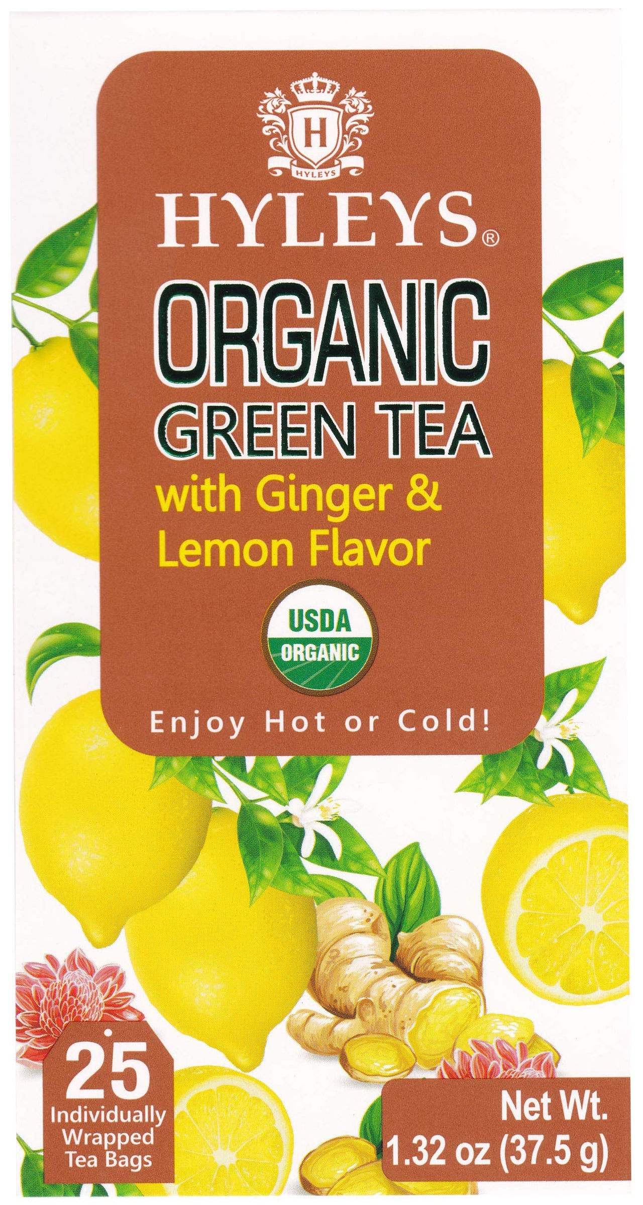 Hyleys Organic Ginger and Lemon Flavor Green Tea - 25 Tea Bags (100% Natural, Sugar Free, Gluten Free and Non-GMO)