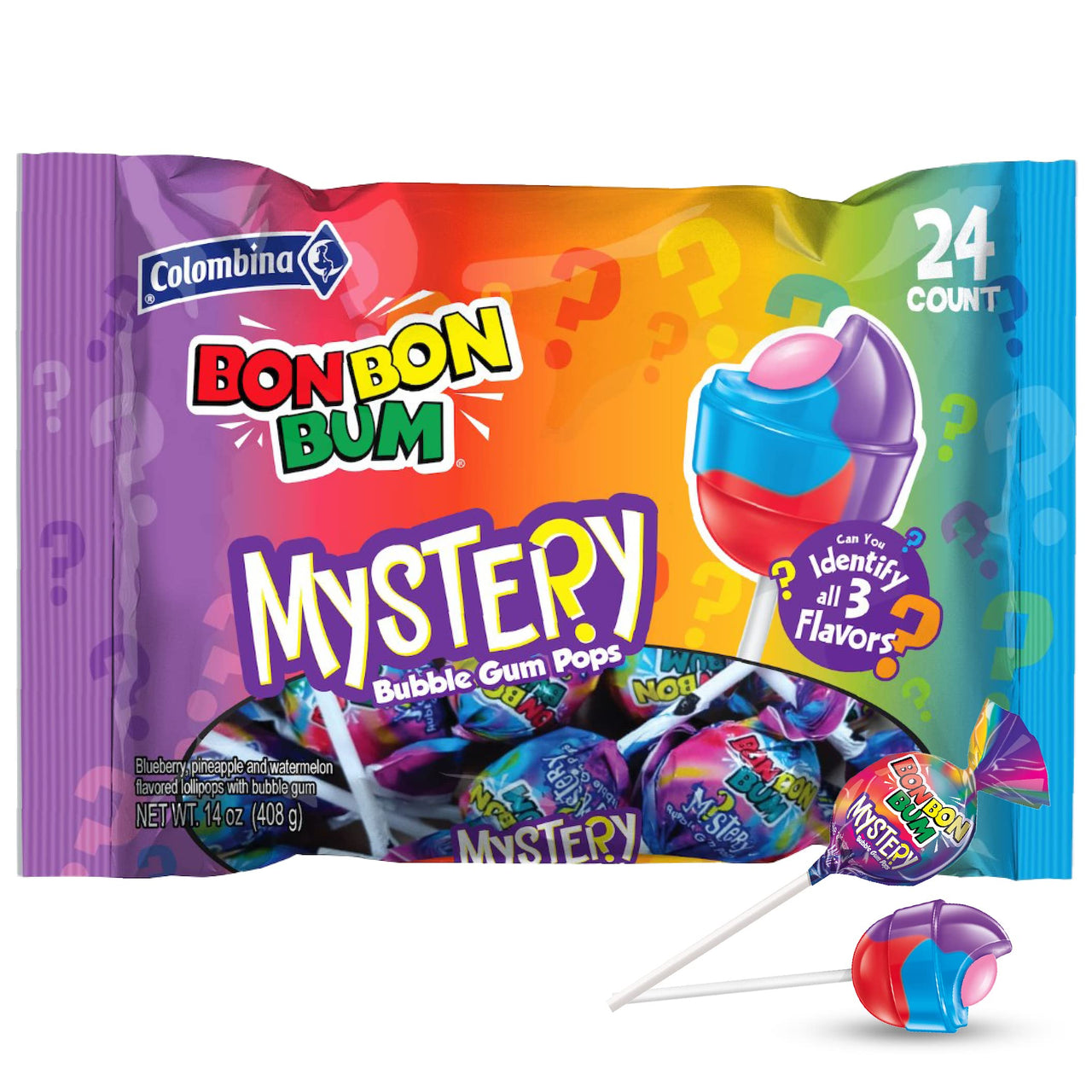 Colombina Bon Bon Bum Lollipops w/Bubble Gum Center - Assorted Mystery Flavor Candy Pack, Blueberry, Pineapple and Watermelon Flavors, Individually Wrapped Gluten Free Suckers 14 oz bag, (24 count)