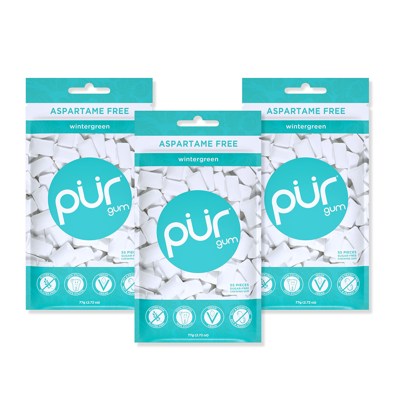 PUR Gum | Sugar Free Chewing Gum | 100% Xylitol | Vegan, Aspartame Free, Gluten Free & Keto Friendly | Natural Wintergreen Flavored Gum, 55 Pieces (Pack of 3)