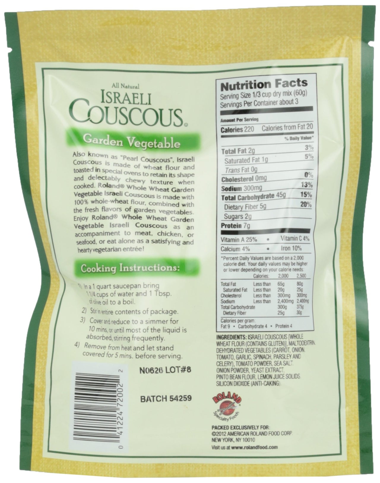Roland Foods Garden Vegetable Whole Wheat Israeli Couscous, Sourced in the USA, 6.3-Ounce Pouch