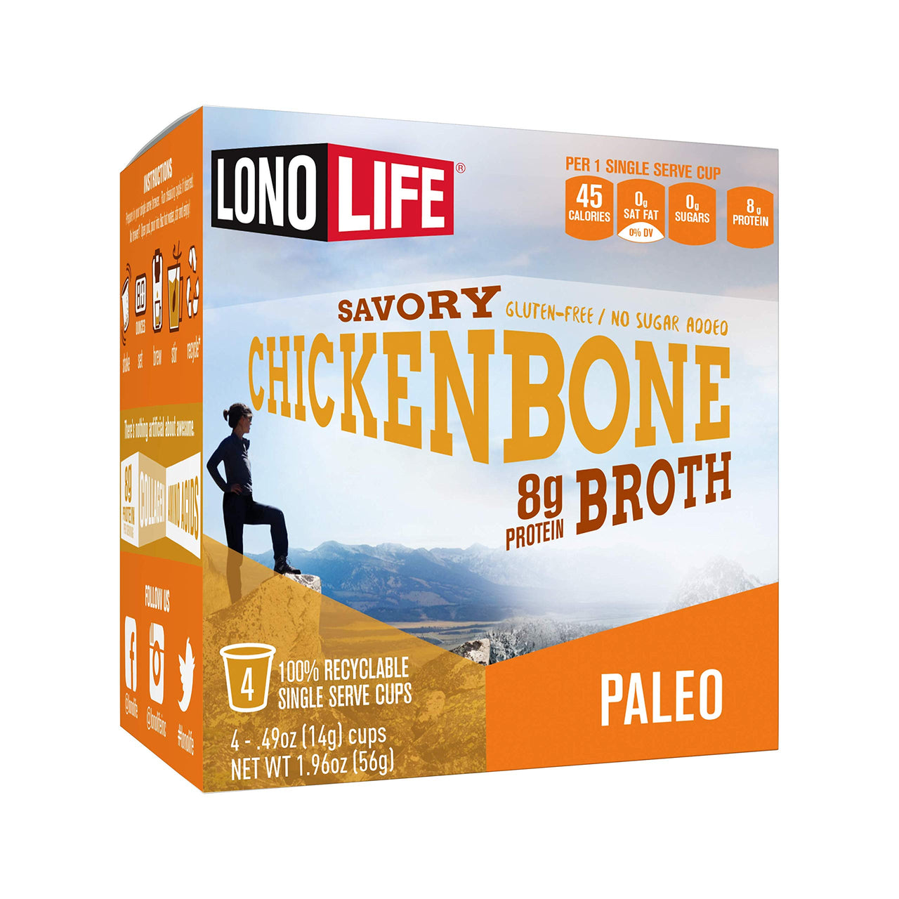 LonoLife - Chicken Bone Broth Single Serve Cups - 8g Collagen Protein - Grass-Fed, Gluten-Free - Keto & Paleo Friendly - 4 count