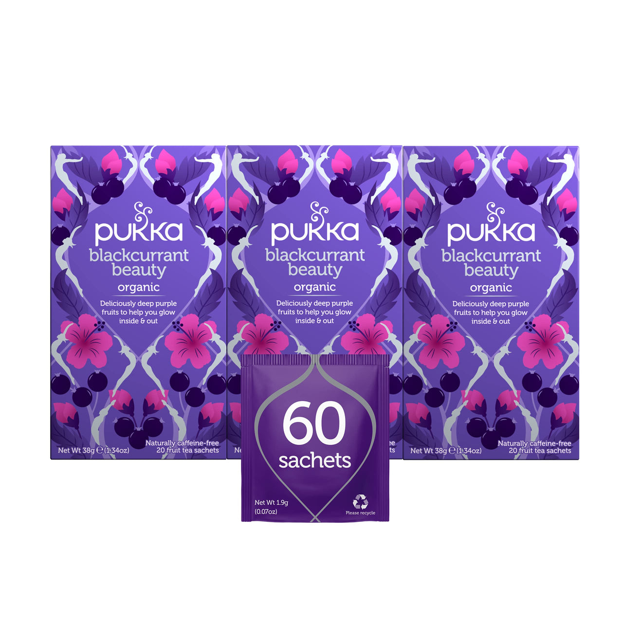 Pukka Organic Tea Bags, Blackcurrant Beauty Herbal Tea with Rosehip, Perfect for Inner Glow, 20 Count (Pack of 3) 60 Tea Bags