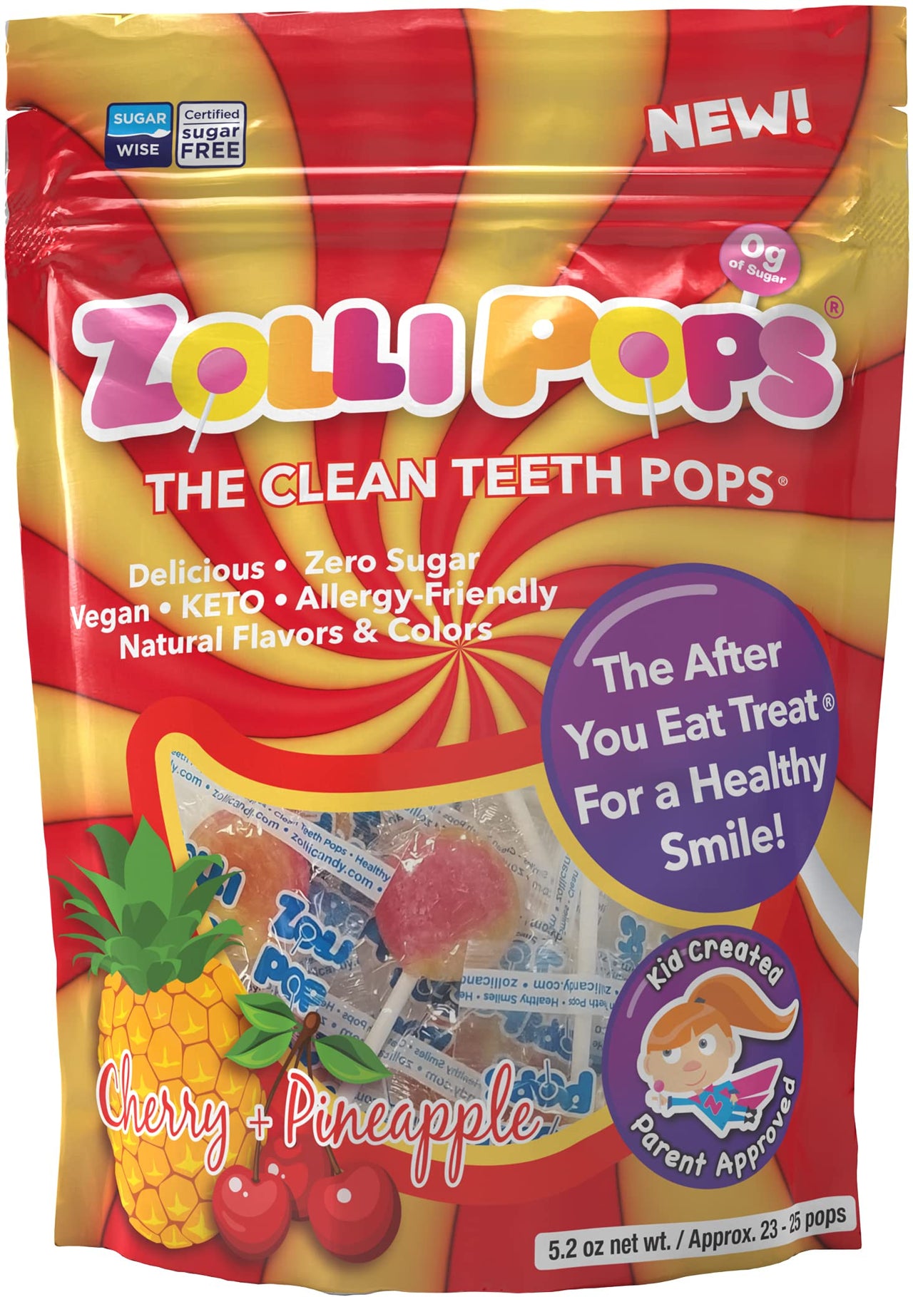 Zollipops Cherry-Pineapple Duo Pops, Sugar-free, Allergy-free, Vegan, KETO & Diabetic Friendly, Clean Teeth Candy, Red-Yellow