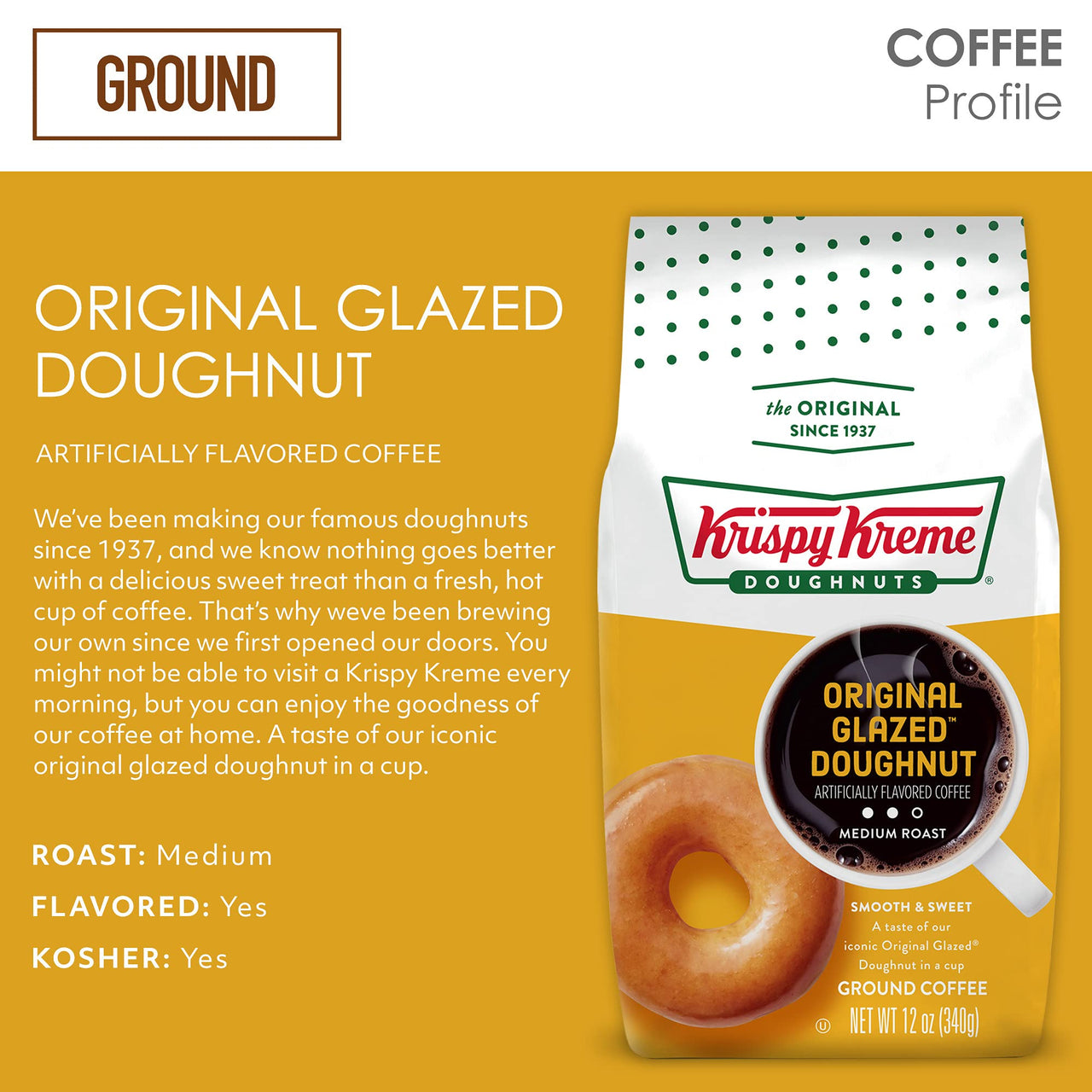 Krispy Kreme Original Glazed Doughnut, Ground Coffee, Flavored Medium Roast, Bagged 12 oz