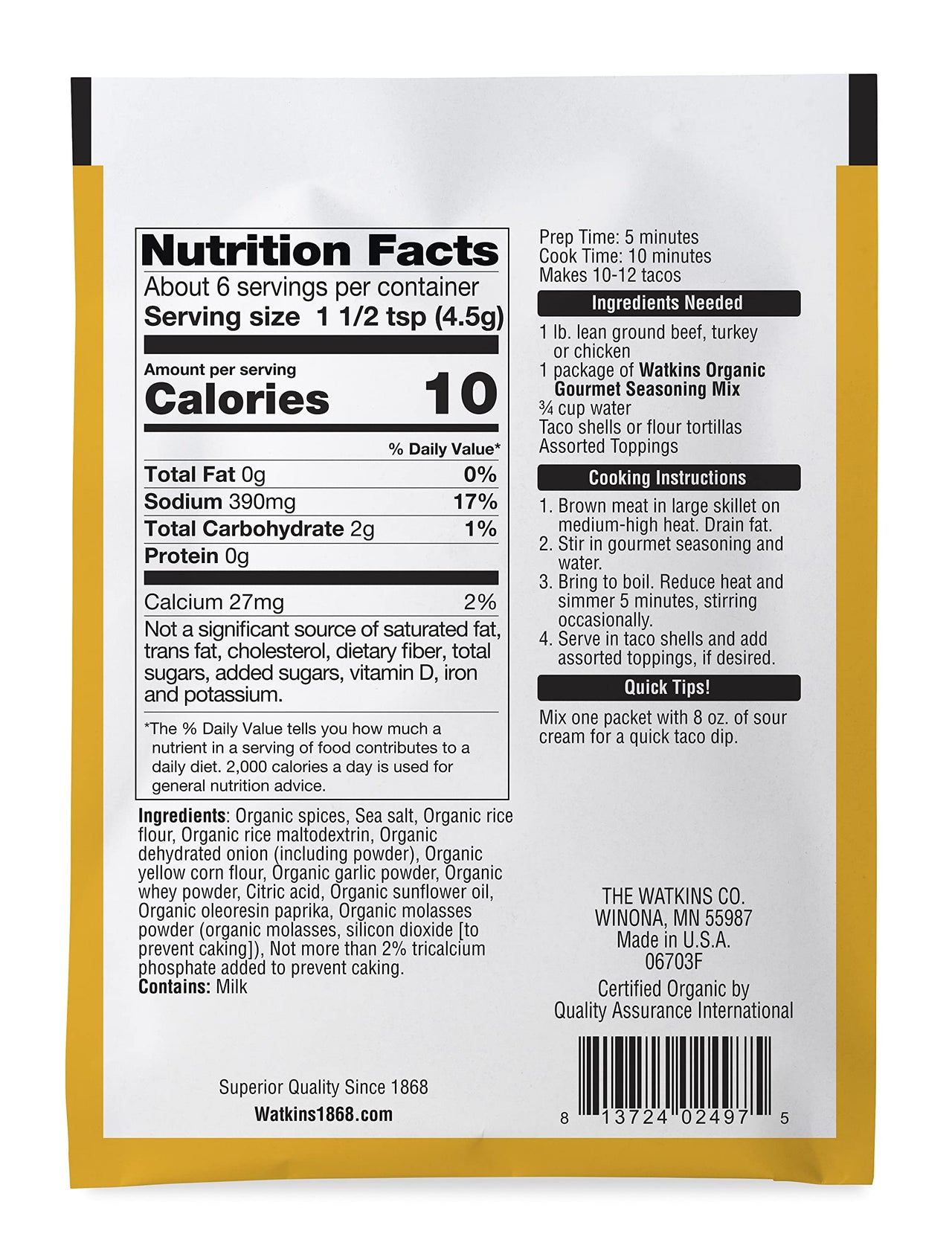 Watkins Organic Taco Gourmet Seasoning Mix, 1 oz. Packets,12 Count(Pack of 1)