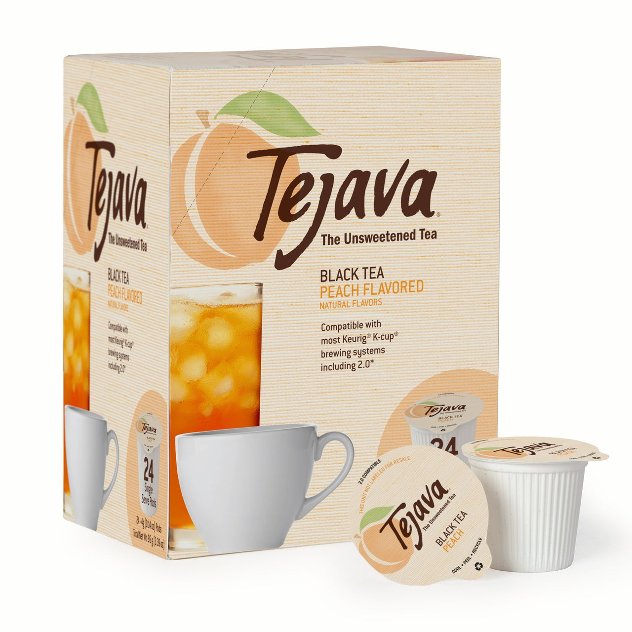 Tejava Unsweetened Black Tea with Natural Peach Flavor Pods, Award-Winning Tea, 100% recyclable Single Serve Cups (24 Pack)