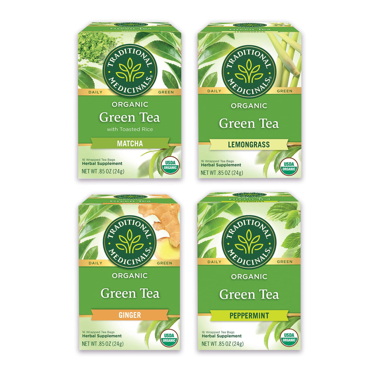 Traditional Medicinals - Organic Green Tea Variety Pack - Includes Matcha, Ginger, Peppermint and Lemongrass - 64 Tea Bags Total (4 Pack),16 Count (Pack of 4)