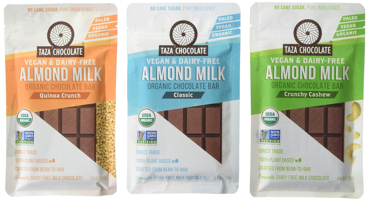 TAZA chocolate Organic Almond Milk Chocolate Variety Pack, 3Count, Vegan, Resealable Pouch, 2.5 Oz