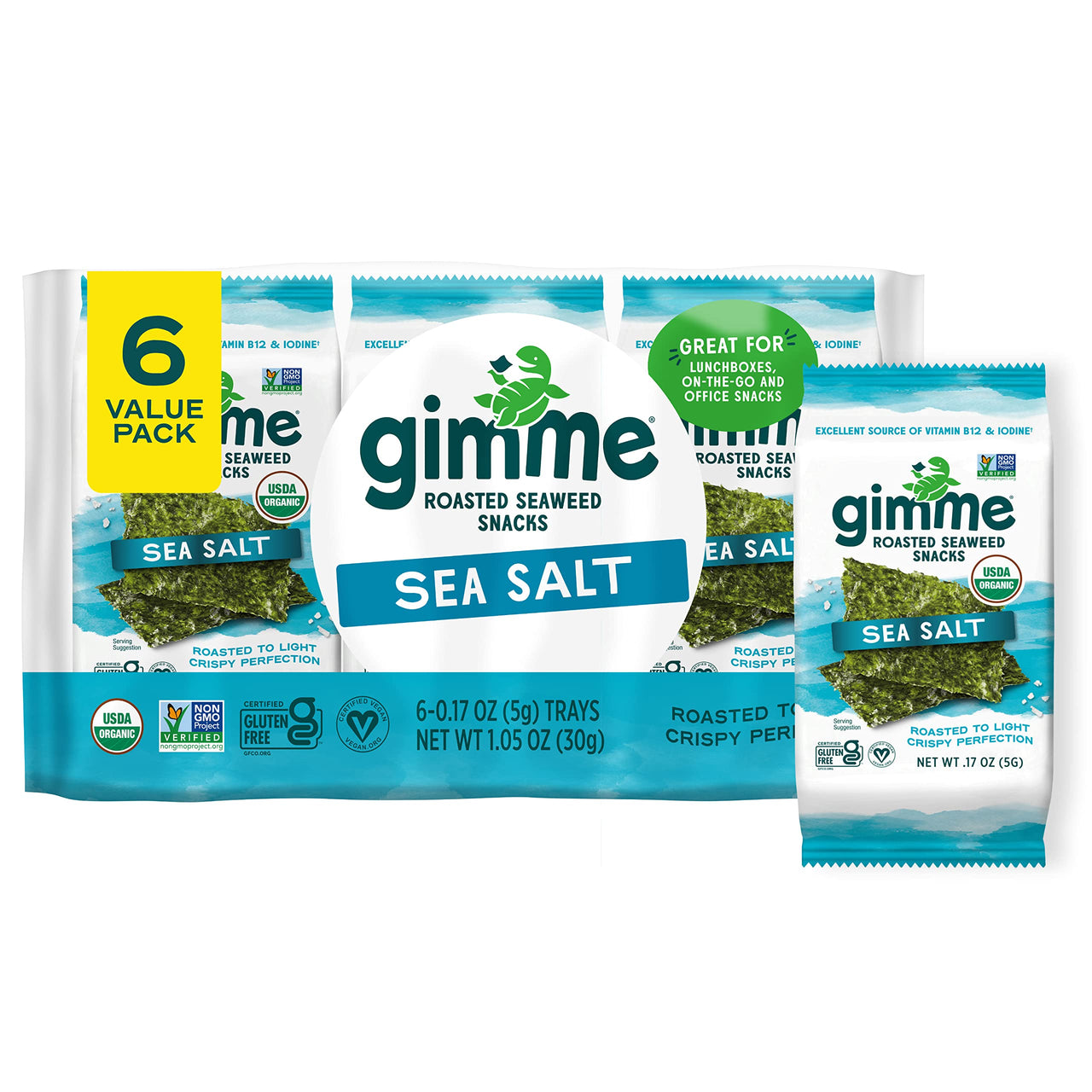 gimMe - Sea Salt - 6 Count - Organic Roasted Seaweed Sheets - Keto, Vegan, Gluten Free - Great Source of Iodine & Omega 3s - Healthy On-The-Go Snack for Kids Adults