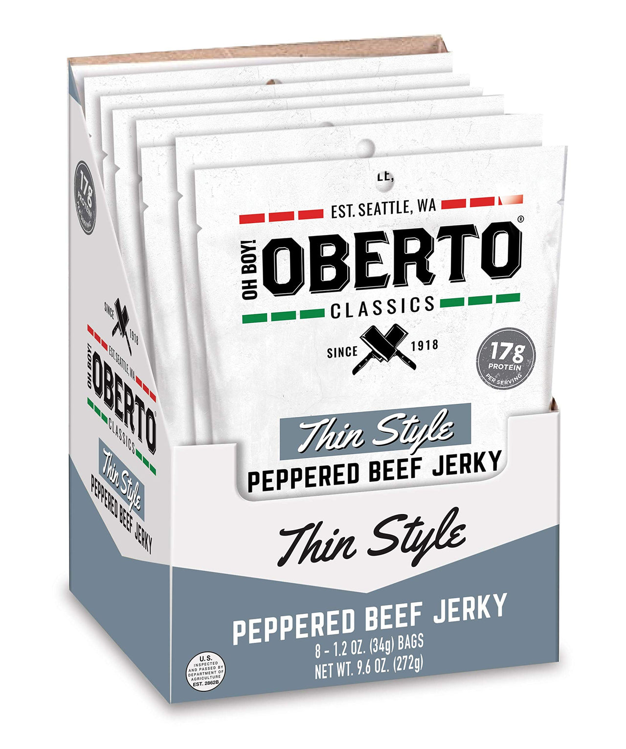 Oh Boy! Oberto Classics Thin Style Peppered Beef Jerky, 1.2 Ounce (Pack of 8)