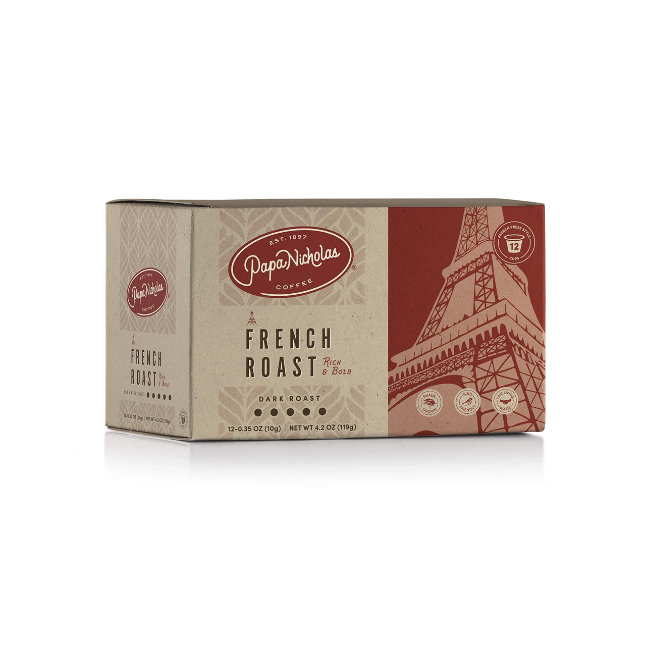 PapaNicholas Coffee Single Serve Coffee Cups, Fits Keurig K Cup Brewers, French Roast, 12 Coffee Pods