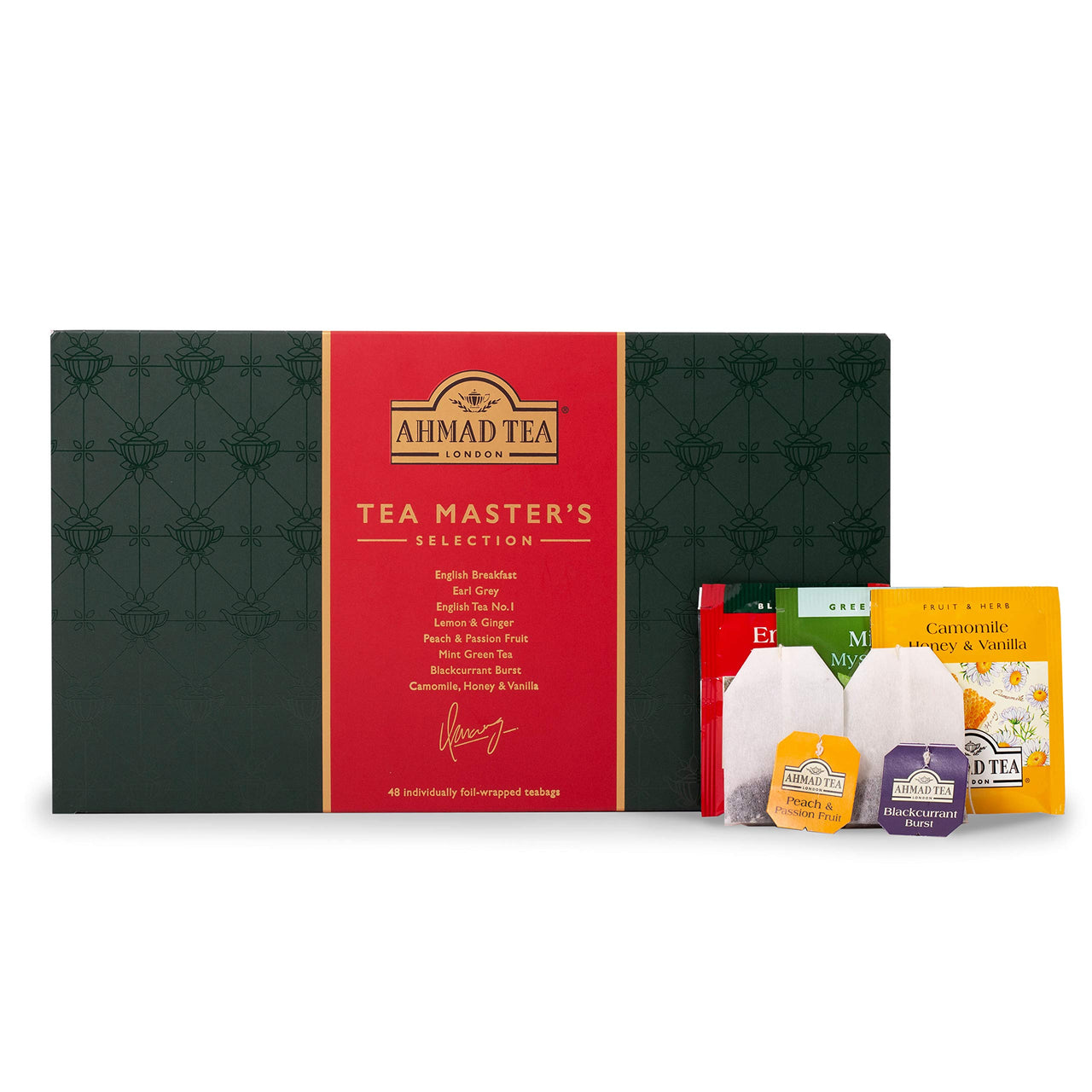 Ahmad Tea Black, Green, & Herbal Teas, Tea Master's  Selection Red & Green Gift Box, Variety of 8 Teas, Teabags 48 ct - Caffeinated, Decaffeinated, and Sugar-Free