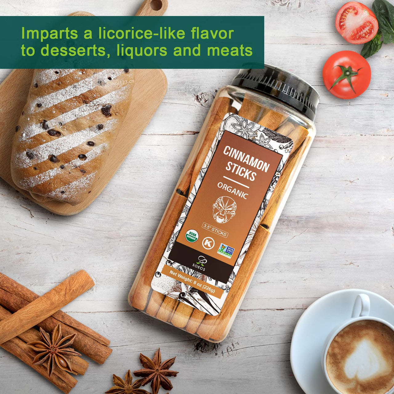 Soeos Organic Cinnamon Sticks, Cinnamon, Ground Cinnamon, Cinnamon Sticks, 100% Raw, Non-GMO, Kosher Certified, Cinnamon Seasoning Spice for Coffee, Baking, Cooking and Beverages 8 oz (226g)