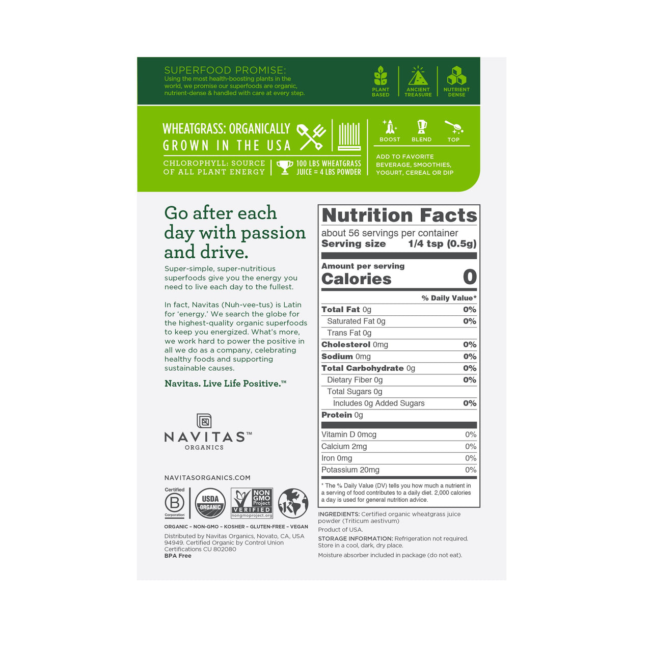 Navitas Organics Wheatgrass Juice Powder, 1 oz. Bag, 56 Servings  Organic, Non-GMO, Freeze-Dried, Gluten-Free