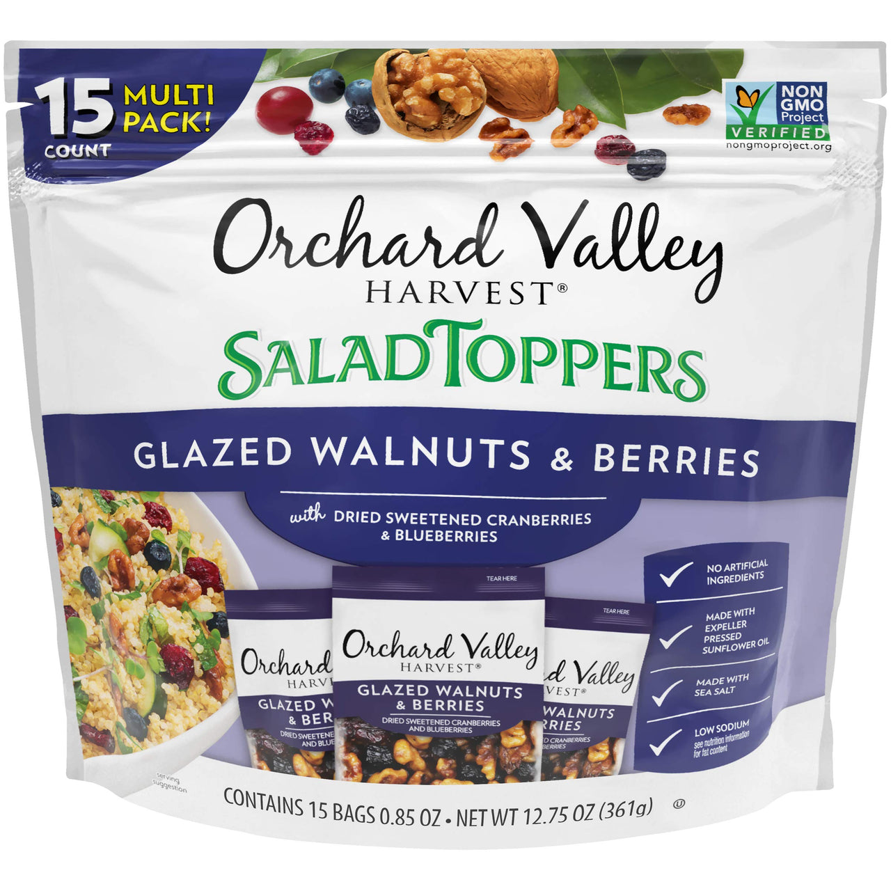 Orchard Valley Harvest Glazed Walnuts and Berries Salad Toppers, 0.85 Ounce Bags, Non-GMO, No Artificial Ingredients 15 Count (Pack of 1)