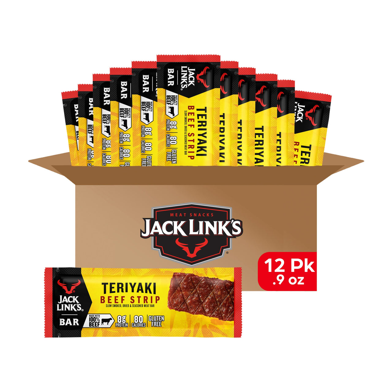 Jack Link's  Beef Jerky Bars, Teriyaki - 8g of Protein and 80 Calories Per Protein Bar, Made with Premium Beef, No added MSG - Keto Friendly and Gluten Free Snacks (Pack of 12)