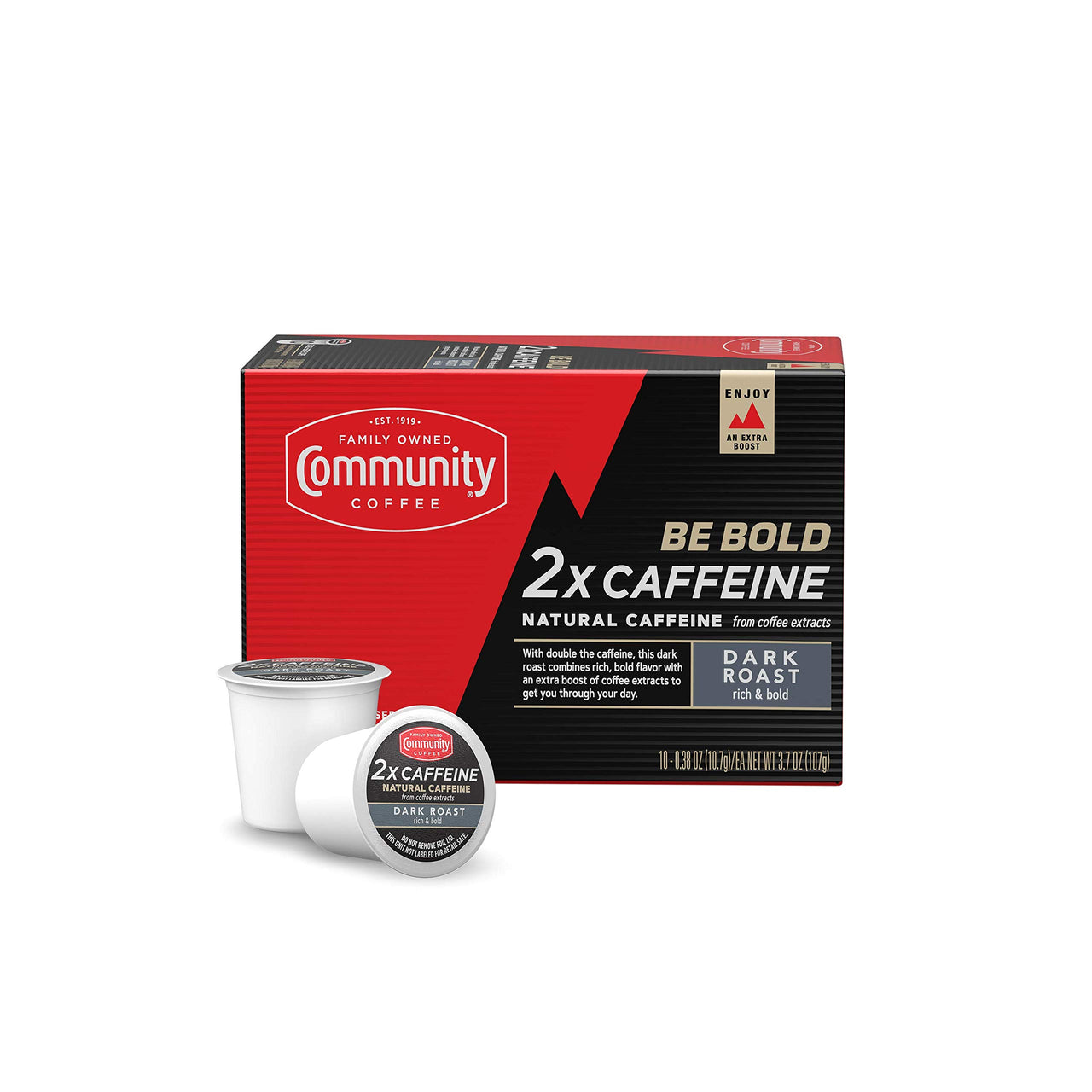 Community Coffee 2X Caffeine Dark Roast 10 Count Coffee Pods, Compatible with Keurig 2.0 K-Cup Brewers, 10 Count (Pack of 1)