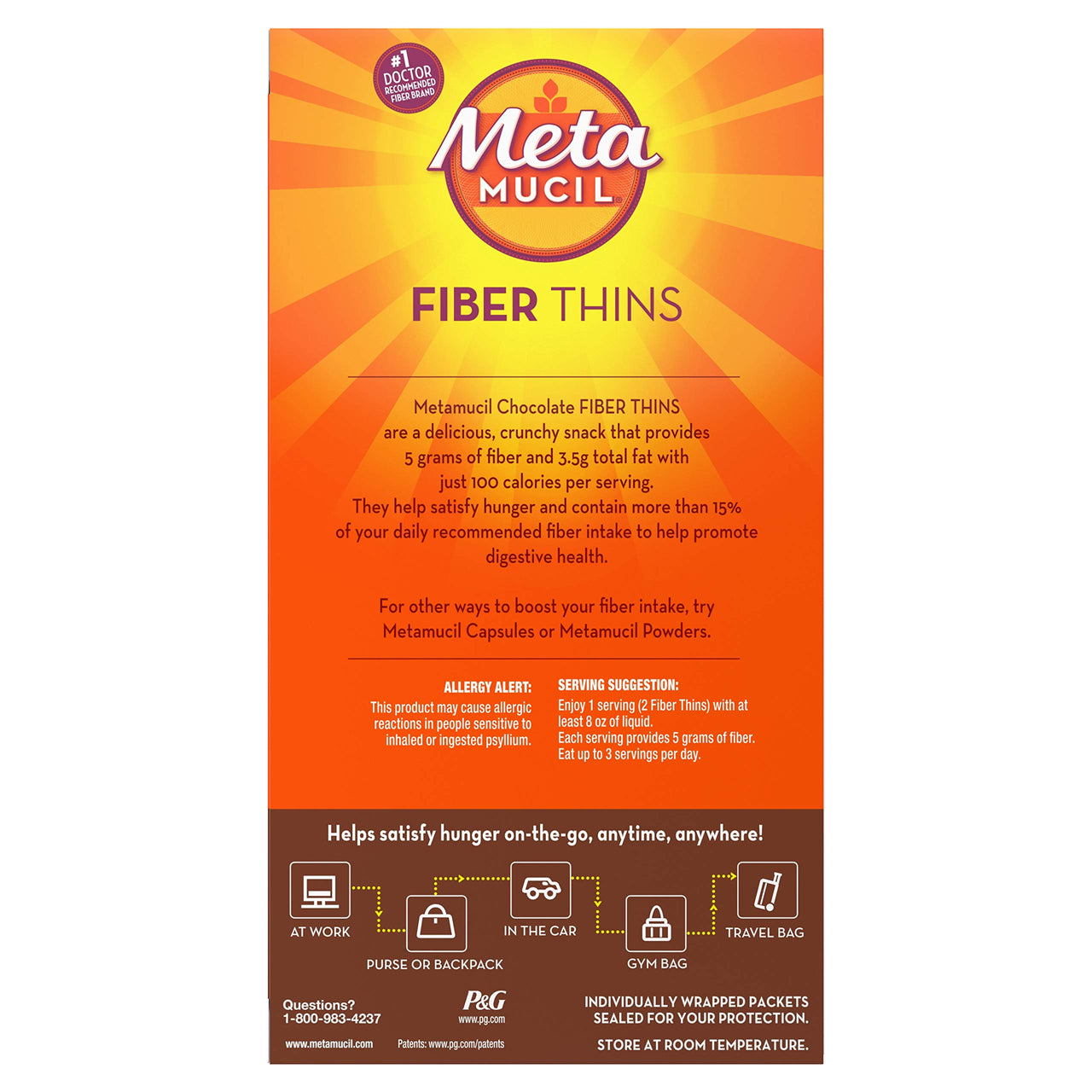 Metamucil Fiber Chewable Thins, Psyllium Husk Fiber Supplement, Chocolate, 12 Ct