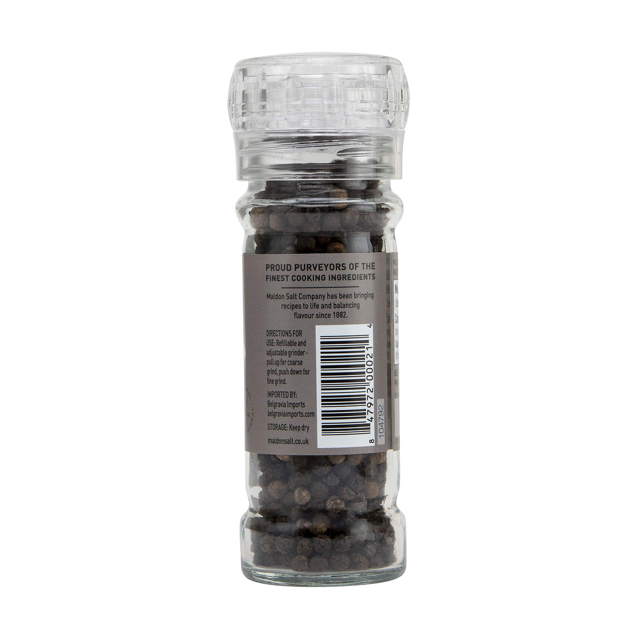 Maldon Salt, Whole Black Peppercorn Grinder, 50 g, Refillable and Adjustable, Kosher, Natural, Aromatic