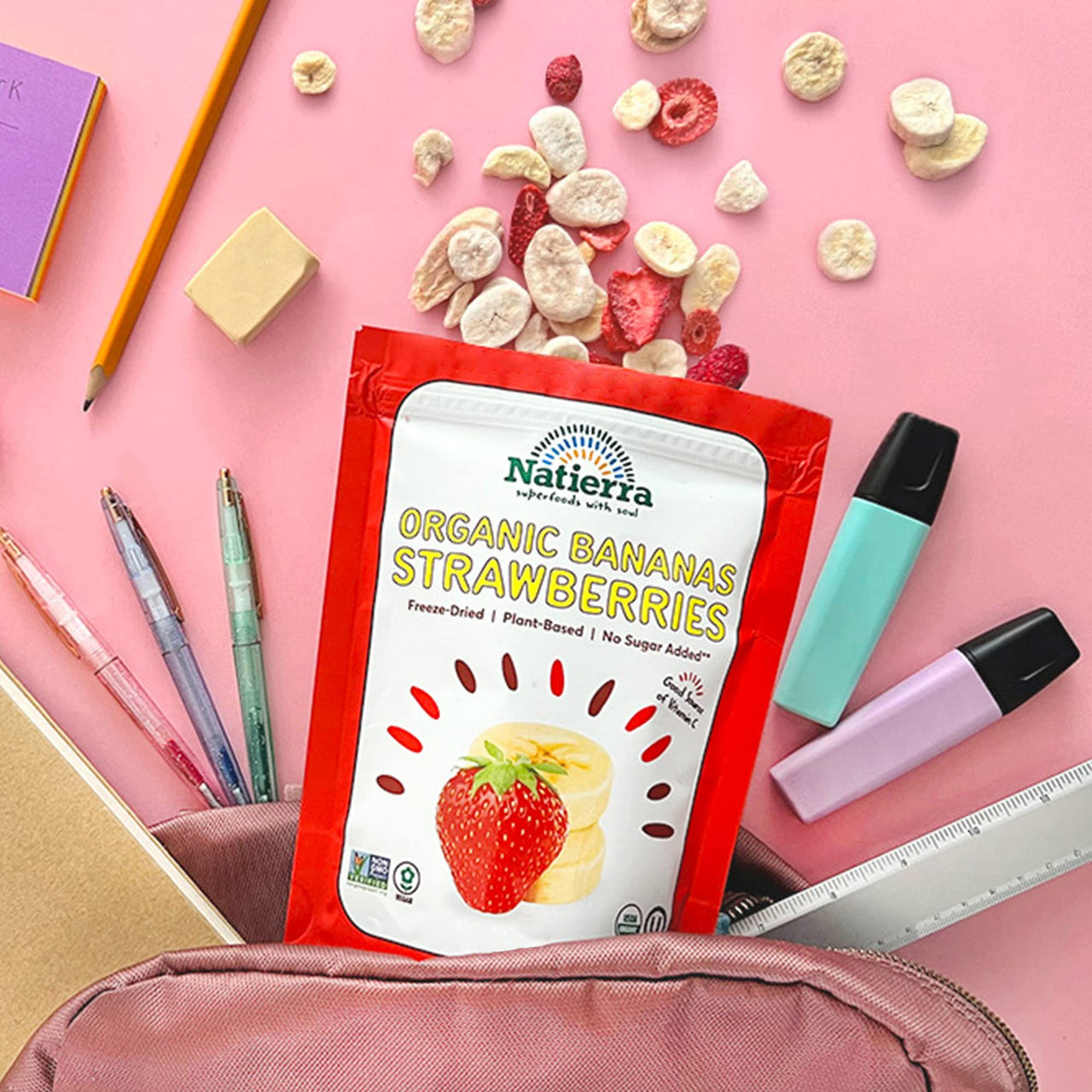 NATIERRA Nature's  All Foods Organic Freeze-Dried Bananas and Strawberries | Non-GMO & Vegan | 1.8 Ounce