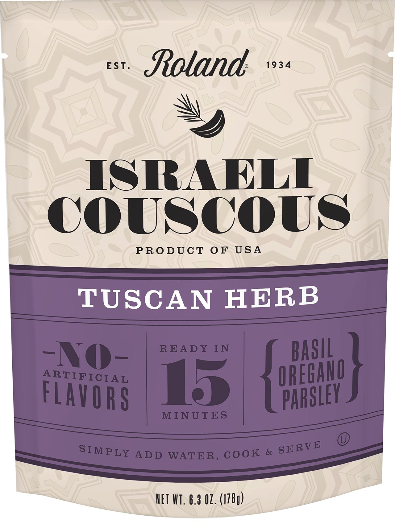 Roland Foods Tuscan Herb Israeli Couscous, Sourced in the USA, 6.3-Ounce Pouch