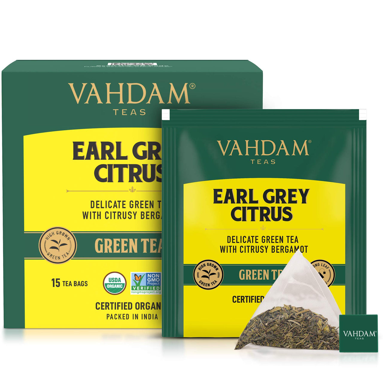 VAHDAM, Earl Grey Citrus Green (15 Tea Bags), Green Tea Leaves from the Himalayas blended with Natural Bergamot Oil - Finest Earl Grey Tea Bags, Long Leaf Bergamot Tea Bags