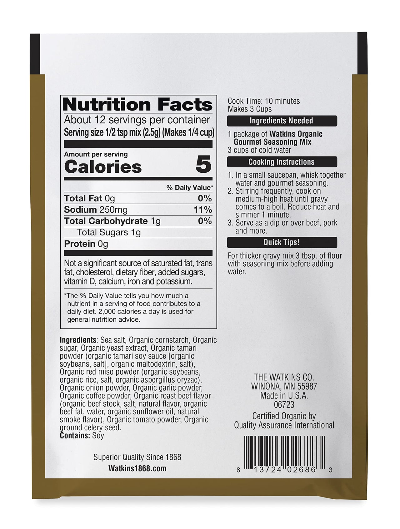 Watkins Organic Gourmet Seasoning Mix, Au Jus Gravy, 1.0 Oz. Pouch, 1 Count