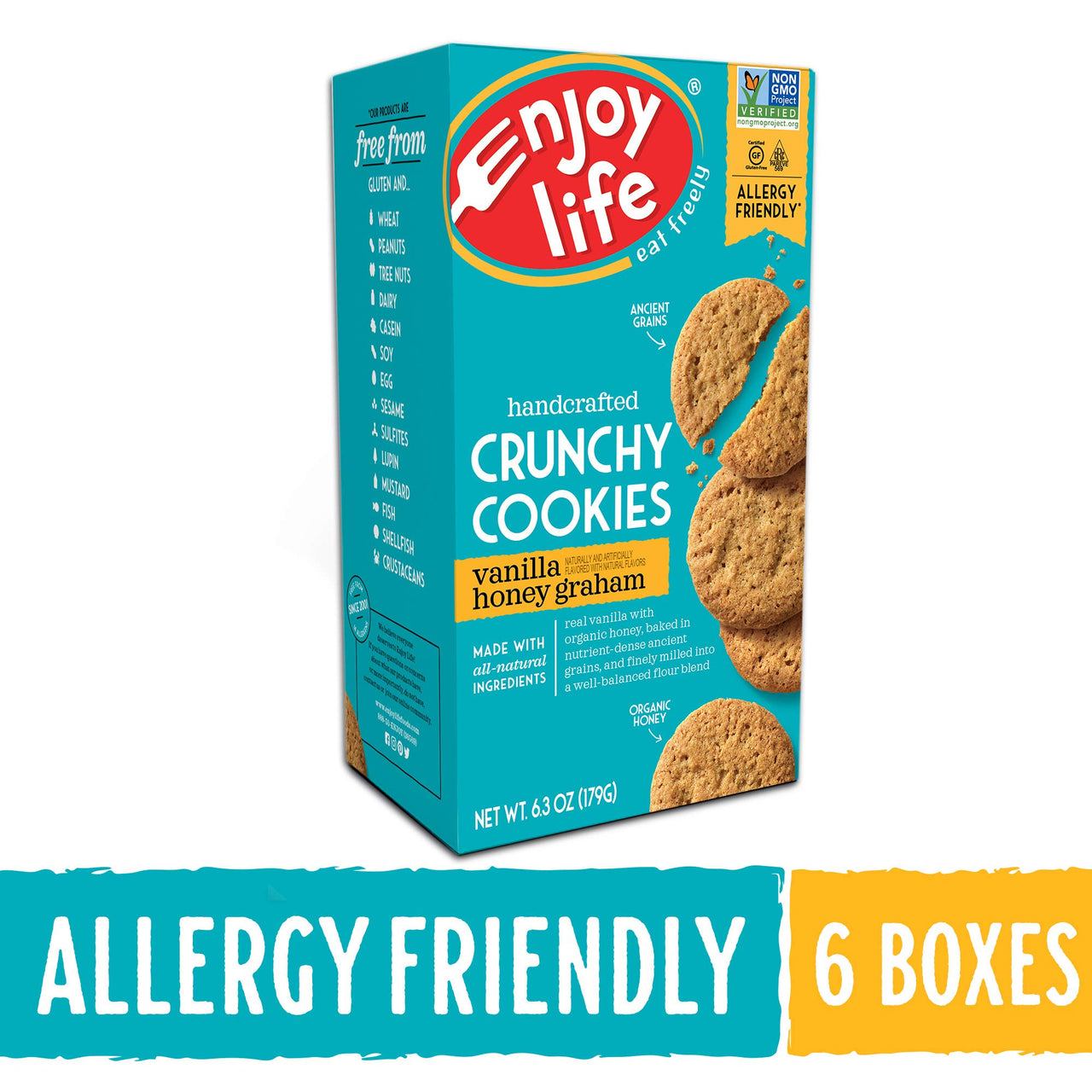 Enjoy Life Crunchy Vanilla Honey Graham Cookies, Nut Free Cookies, Soy Free, Dairy Free, Gluten Free, Non GMO, 6 Boxes