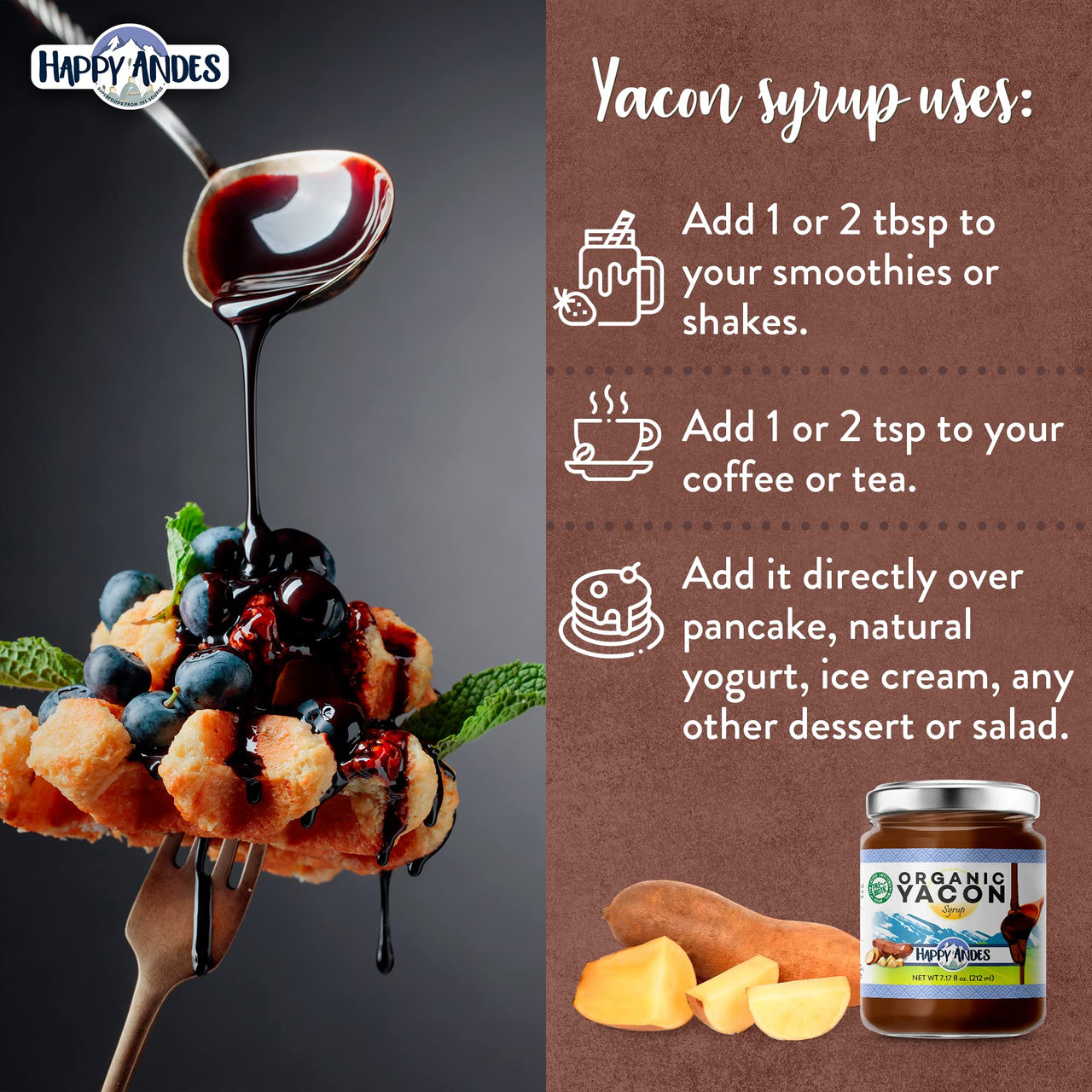 Happy Andes Organic Yacon Syrup oz. 100 Vegan Raw LowCalorie Peruvian Sweetener Sugar Substitute for Blood Glucose Control Healthy GlutenFree NonGMO Natural Prebiotic Superfood, honey, 7.17 Fl Oz