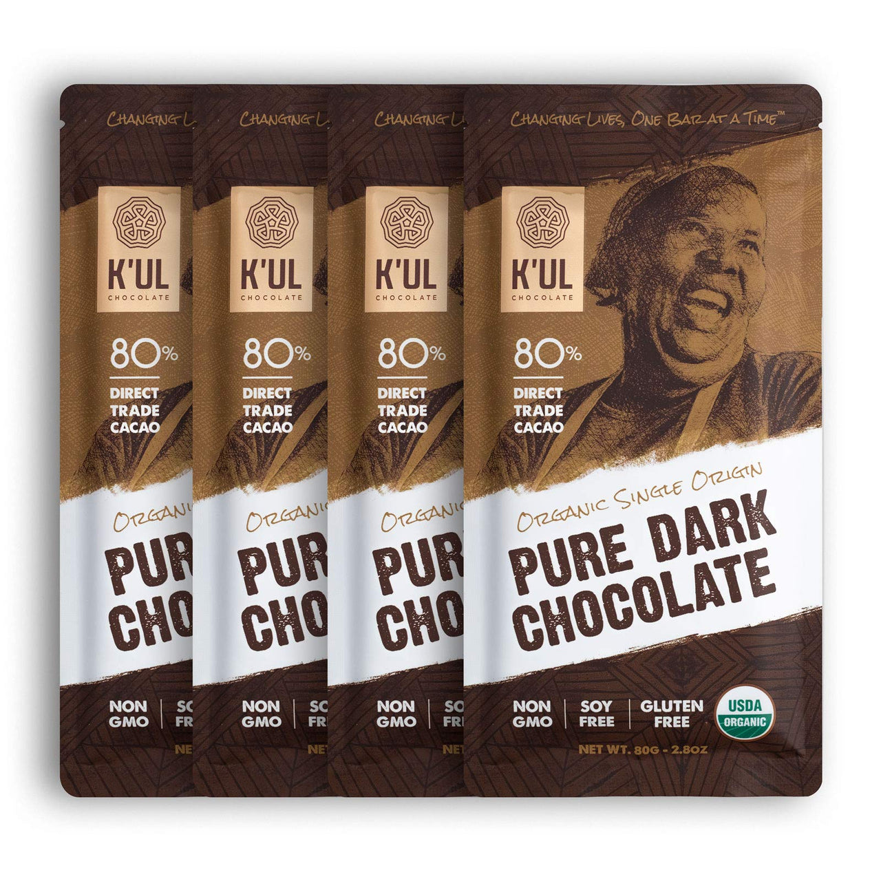 K'UL Chocolate Bars | 4 Pack Pure Dark Chocolate 80% Cacao | Organic, Vegan Chocolate, Gluten Free, Soy Free, Non-GMO, Bean-to-Bar, Fair Trade Dark Chocolate