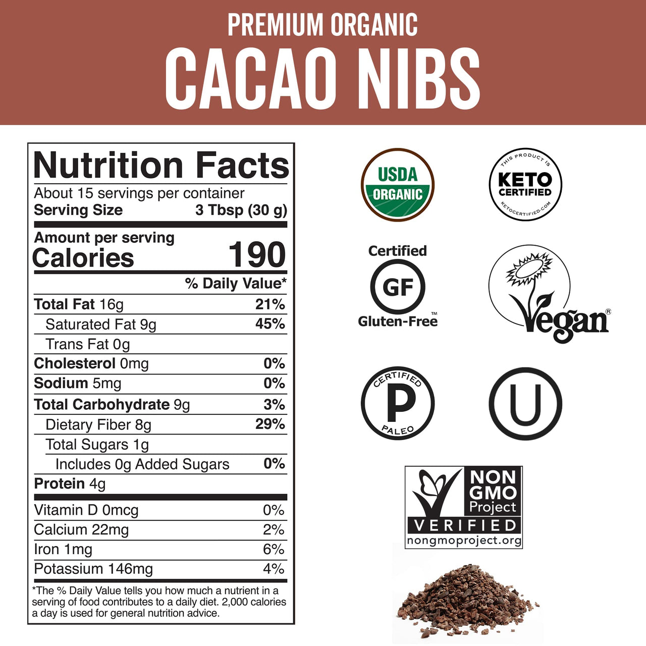 Organic Cacao Nibs, 1 Lb - Certified Keto and Vegan Superfood, Perfect for Gluten Free Baking, Cacao Nib Smoothies and Healthy Snacks, Premium Criollo Beans, Non-GMO