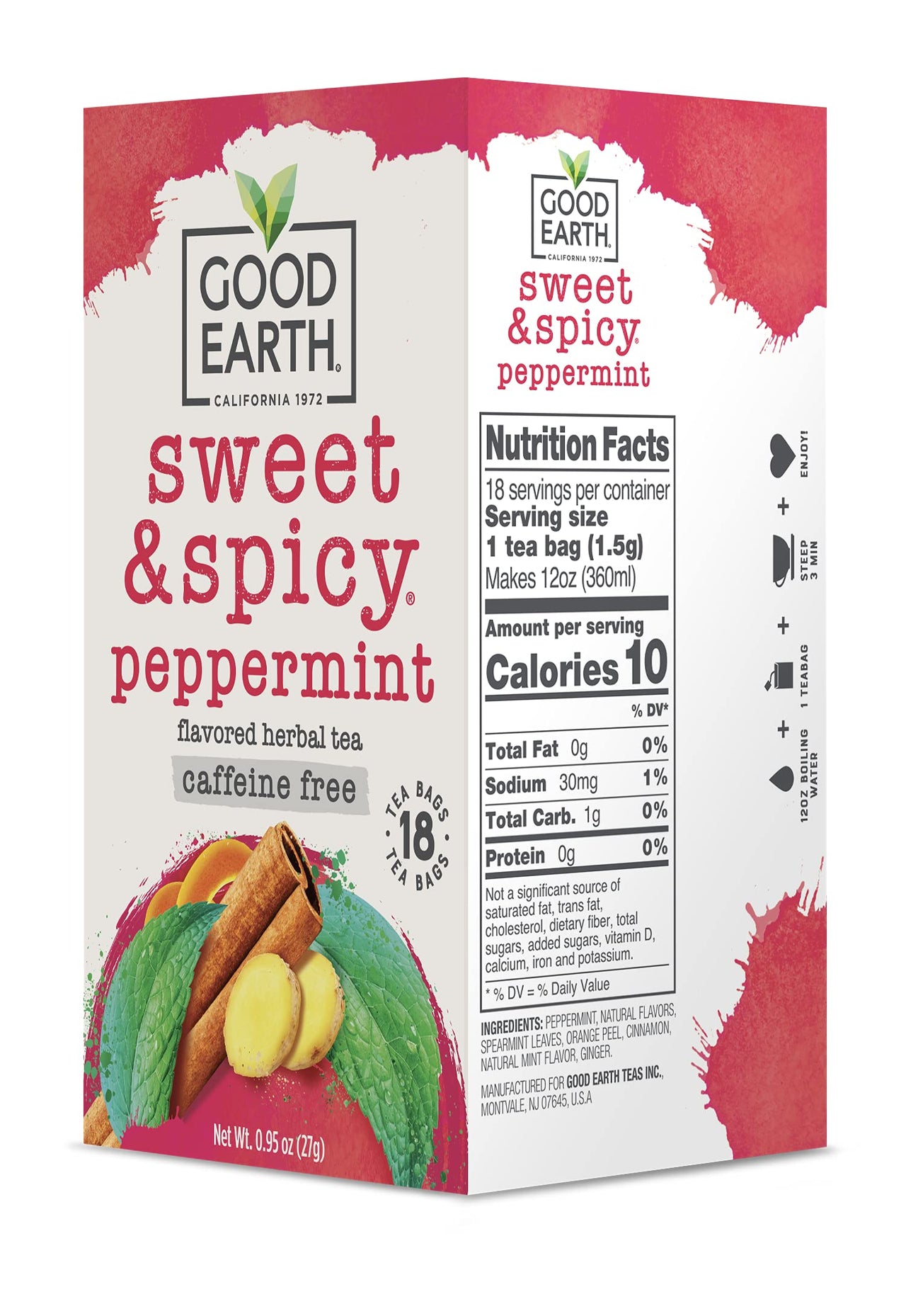 Good Earth Sweet & Spicy, Caffeine Free Peppermint Herbal Tea, Black 18 Tea Bags (Pack of 6)