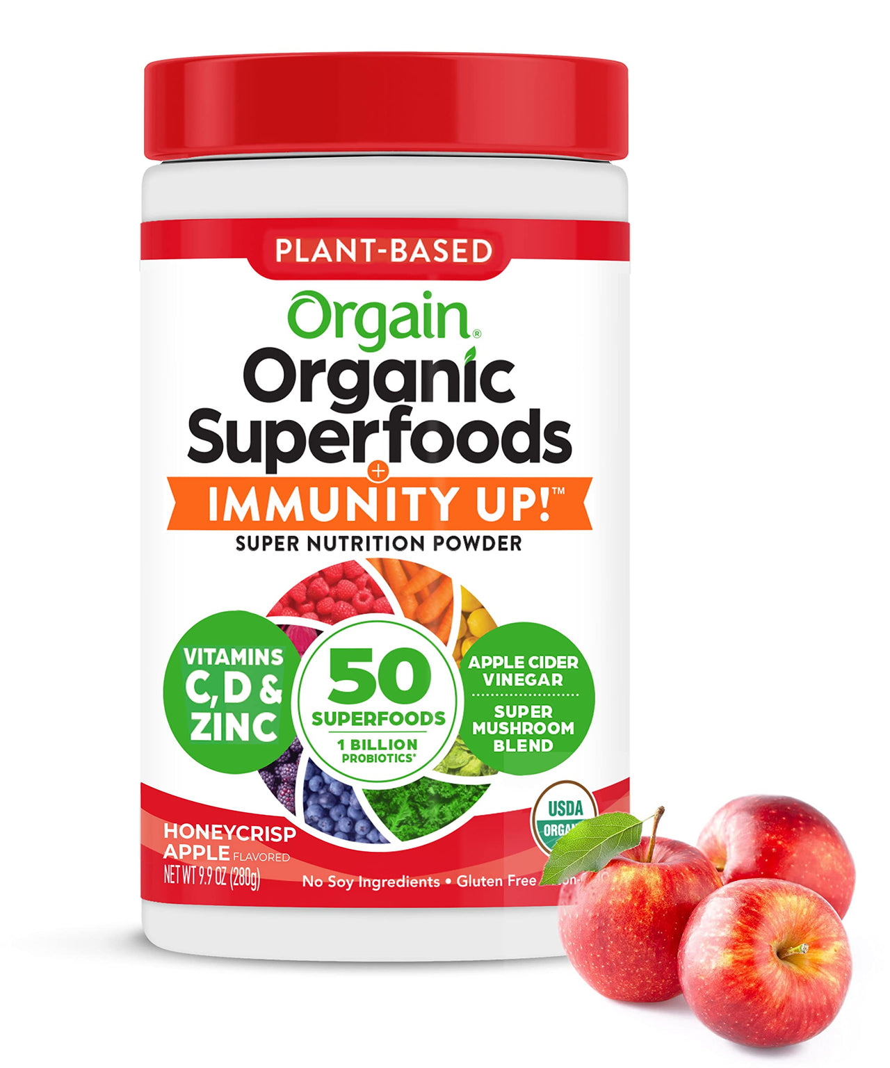 Immune Support, Orgain Organic Superfoods + Immunity Up! Powder, Vegan, Includes Zinc, Apple Cider Vinegar, Vitamin C, D, 1b Probiotics, and Ashwagandha, NonGMO, Plant Based, 9.9 oz, Honeycrisp Apple