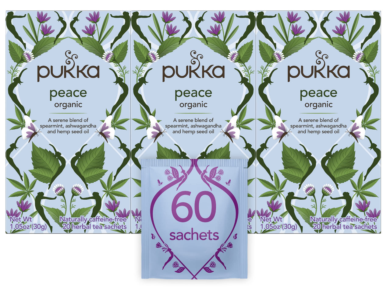 Pukka Organic Tea Bags, Peace Herbal Tea with Spearmint, Ashwagandha, and Hemp Seed Oil, Perfect for Balanced Tranquility, 20 Count (Pack of 3), 60 Tea Bags
