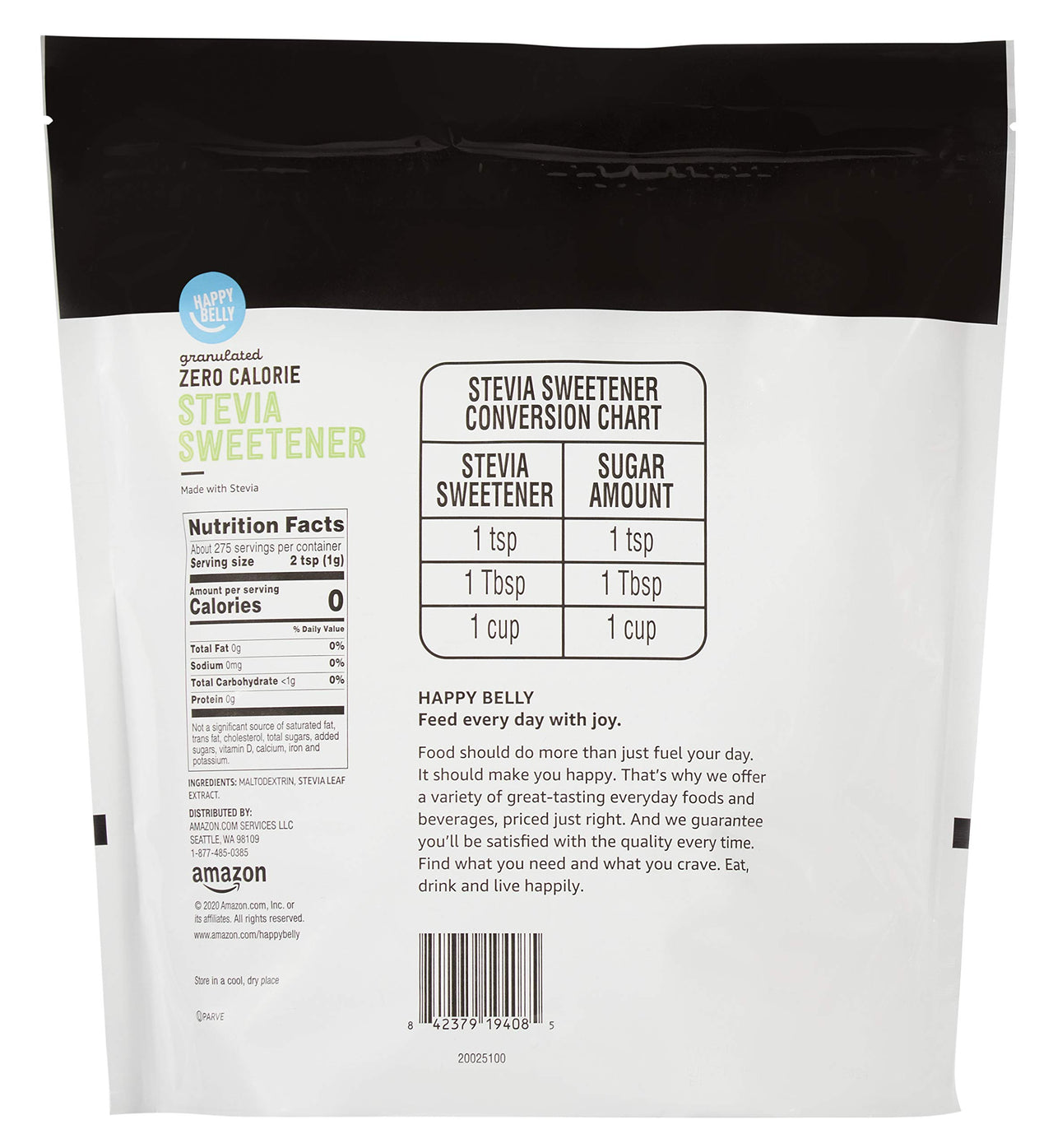 Happy Belly Granulated Zero Calorie Stevia Sweetener, 9.7 Ounce